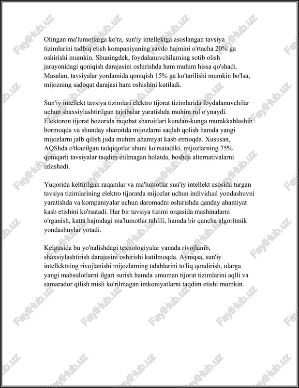 sotib olishi mumkinligi haqida tavsiya beriladi. masalan, agar xaridor kamerani xarid qilsa, unga shu kamera uchun mos obektiv yoki kamera sumkasi taklif qilinadi. statistik ma'lumotlarga ko'ra, kross-sotuv strategiyalarini qo'llash sotuvni 20-30% gacha oshirishi mumkin. bundan tashqari, bu strategiyalar mijozlarni ushlab qolishga ham yordam beradi, chunki ular xaridorlik tajribasini yanada oziqarli va samarali qiladi. texnologiyaning rivojlanishi bilan, bu strategiyalar ham murakkablashib va samaradorligi oshib bormoqda. mashina o'rganishi va sun'iy intellekt algoritmlari tavsiya tizimlarini yanada aniqroq qilish imkonini beradi. masalan, zukko algoritmlar xaridorlik faoliyati, qidiruv tarixi, va boshqa ko'plab ma'lumotlarga asoslangan holda, real vaqt rejimida shaxsiylashtirilgan tavsiyalarni taqdim qiladi. tadqiqotlar ko'rsatishicha, tavsiya tizimlari yetakchi elektron tijorat kompaniyalarining umuman daromadiga qariyb 35% hissasini qo'shadi. ayniqsa, amazon o'z tavsiyalar tizimini juda samarali ishlatadi. ular faqatgina mahsulotlar bo'yicha foydalanuvchilarni maqsadlamasdan, balki yangi mahsulotlar haqida ham ma'lumot yetkazib berishadi. xulosa qilib aytganda, tavsiya algoritmlari va kross-sotuv strategiyalari zamonaviy tijoratning ajralmas qismidir. ularning samaradorligi biznesning daromadiga ijobiy …