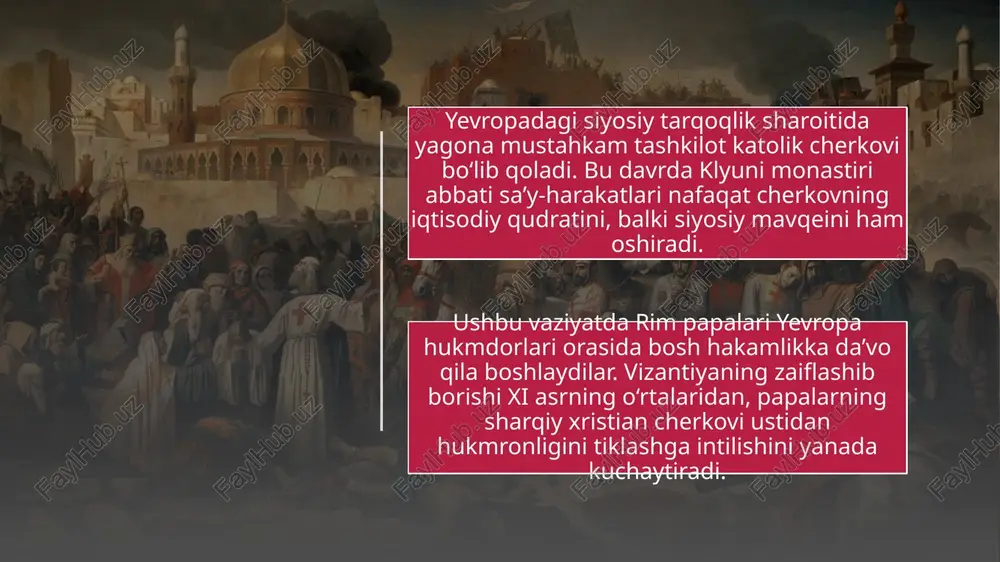 ini yoyish uchun harakat qilgan. kalatrava ordeni (1158) – ispaniyada musulmonlarga qarshi kurash uchun tuzilgan. santyago ordeni (1170) – ispaniyadagi musulmonlarga qarshi rekonkista yurishlari doirasida tuzilgan. salib yurishlari xiii asr oxiriga kelganda inqirozga uchraydi. buning asosiy sababi evropada boshlangan ijtimoiy-iqtisodiy va siyosiy o‘zgarishlar edi. ishlab chiqarish kuchlarining umumiy yuksalishi, tabiiy ofatlardan keladigan talofatlarni bir muncha kamaytiradi. qaram dehqonlar senyorlar zulmidan faqat dengiz ortida halos bo‘lish mumkinligiga ishonmay qo‘yadilar. dehqonlarning bir qismi tobora yuksalayotgan shaharlariga ketadi. qolaversa, ularning sharqda yer va ozodlikka erishish orzulari yurishlar davomidagi muvaffaqiyatsizliklar bois, puchga chiqadi. ayni paytda, ritsarlar hayotida ham muhim o‘zgarishlar ro‘y beradi. qirol hokimiyatining kuchayishi bilan, feodal urushlari kamayadi. mayda ritsarlar sharqqa xatarli yurishlardan ko‘ra qirol qo‘shinida xizmatni afzal ko‘ra boshlaydi. salib yurishlari katolik cherkovining evropadagi mavqeiga ham ma’lum darajada ta’sir ko‘rsatadi. cherkov dastlab yurishlardan foyda ko‘rib, xii asrda papalarning obro‘si sezilarli oshadi. lekin xiii asr oxirlariga kelib, rim papalarining ochko‘zligi tobora ravshan bo‘lib, …
