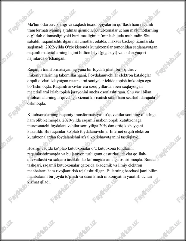 atish maqsadida yangi litsenziyalangan resurslarga ega bo‘ldi. 6. **kutubxona resurslaridan foydalanish**: so‘nggi yillarda, masofaviy xizmatlar orqali foydalanuvchi bilan aloqa qilishda elektron pochtalar, onlayn-chatlar, video konferensiyalar kabi aloqa vositalari keng qo‘llanilmoqda. o‘zbekistonning ko'plab kutubxonalari ms teams yoki zoom platformalarida masofaviy seminar va treninglarni o'tkazmoqda. 7. **elektron va masofaviy resurslar**: cambridge university press ma'lumotlariga ko‘ra, dunyodagi akademik kutubxonalarining 60% dan ko'prog'i xalqaro miqyosda raqamli ma'lumotlar bazalari va elektron jurnallarga ega. raqamli huquqlarning himoyalanishi va intellektual mulkning qonuniy aspektlari ushbu xizmatlar uchun muhim bo‘lib qolmoqda. 8. **infrastruktura va texnologiyalar**: o‘zbekistonning jadal rivojlanayotgan texnologik infratuzilmasi va internet xizmatlarining takomillashishi virtual kutubxona platformalarining kengayishiga imkon bermoqda. 2021-yil ma'lumotlariga ko‘ra, mamlakatda keng polosali internetdan foydalanuvchilarning soni 16 millionga yetgan. shu tarzda virtual kutubxonalar va masofaviy kutubxona xizmatlari ta'limning raqamli rejimga o‘tilishi va o'ta jadal uyg‘onishi natijasida muhim voqeaga aylandi. ular kelajakda yanada ko‘proq foydalaniladigan resurslarga aylanadi. 3. sun'iy intellekt va avtomatlashtirilgan axborot qidiruvi sun'iy intellekt (si) …