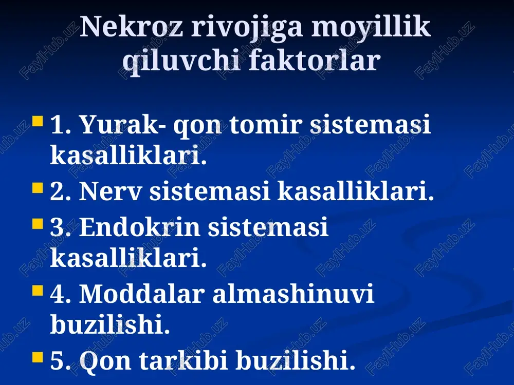 massasi bosishi sababli teri yoki shillik parda va teri osti to‘kimalarining nekrozga uchrashidir. yutoq yaralarning asosiy sababi – bemorni yaxshi parvarish qilmaslik! yatrogen yotoq yaralar traxeya yotoq yarasi: endotraxeal trubkaning uzoq qolib ketishi natijasida; qizilo‘ngach: qalin zondning ko‘p turib qolishi; to‘g‘ri ichak: gaz chiqaruvchi trubkaning ko‘p turib qolishi; tana sohalaridagi: bemor uzoq vaqt fiksatsiyalangan xolatda saqlanganda; turli xil meditsina anjomlari yoki muolajalari tasirida uzoq bosilish natijasi. yotoq yaralarning bochqichlari ishemiya bosqichi: yuzaki nekroz bosqichi. yiringli emirilish bosqichi. yotoq yaralar paydo bo‘lish joylari dumg‘aza va dumba sohalaridagi yotoq yaralar komadagi bemorning chakka soxasidagi yotoq yara tovon va boldirning orqa yuzasidagi yotoq yaralar kurak sohasidagi yotoq yara son soxasidagi yotoq yara yotoq yaradagi kontakt osteomielit yotoq yaralarning maxalliy davosi ishemiya bosqichida: - profilaktikani kuchaytirish, - ubn qo‘llash, - kamforali spirt bilan yuzaki nekroz bosqichida : - oshlovchi eritmalar (kuchli margansovka eritmasi, brilliant yashilining spirtdagi eritmasi) bilan ishlov beriladi. yiringli emirilish bosqichi: - …