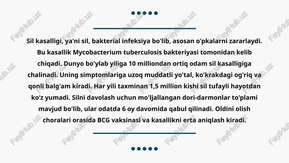 biri bo‘lib, jigar sirrozi va jigar saratoni rivojlanishiga olib kelishi mumkin. jahon sog‘liqni saqlash tashkilotiga ko‘ra, dunyoda 325 million inson gepatit b yoki c virusini tashiydi. har yili 1,4 million kishi ushbu kasalliklardan vafot etadi. gepatitga qarshi emlash va xavfsiz tibbiyot amaliyoti orqali kasallikni nazorat qilish mumkin. ... t.me/slaydai_bot 10. pnevmoniya pnevmoniya, oʻpka yalligʻlanishi, bakteriyalar, viruslar yoki zamburugʻlar sabab boʻladi. dunyo boʻyicha har yili 450 millionga yaqin odam pnevmoniyadan aziyat chekadi. har yili 4 millionga yaqin odam ushbu xastalikdan vafot etadi, asosan bolalar va keksalar orasida. bir yoshgacha boʻlgan bolalarda pnevmoniya oʻlim sababi sifatida yetakchi oʻrinda turadi. dastlabki alomatlarga yoʻtal, isitma va nafas olish qiyinchiliklari kiradi. pnevmoniya antibiotiklar va zarur hollarda shifoxonada davolanishni talab qilishi mumkin. profilaktika vaksinatsiya va toʻgʻri gigiyenaga rioya qilish orqali amalga oshiriladi. kundalik hayotda oʻz vaqtida tibbiy yordam olish va salomatlik tekshiruvlaridan oʻtish muhimdir. ... t.me/slaydai_bot 11. xavfsiz yurak yetishmovchiligi mavzusi bo'yicha yurak yetishmovchiligi bilan og'rigan …