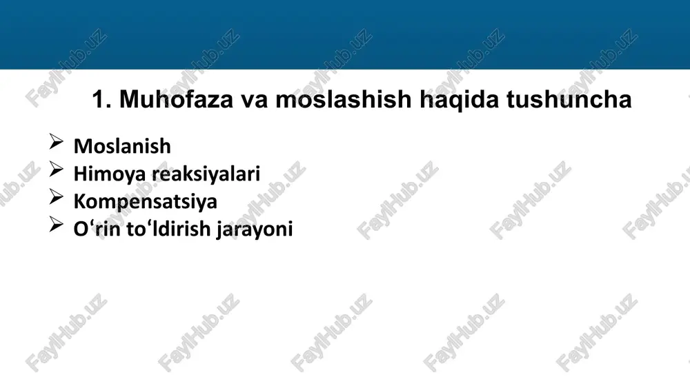 atrofiyasi giperplaziya organ yoki to‘qima hujayralari sonining ortishi. turlari: reaktiv (himoya) – immun tizim organlarida. neyrogumoral (gormonal) – gormonlar ta’sirida. kompensator – qon yo‘qotilganda, organ olib tashlanganda. 17 giperplaziya 18 metaplaziya bir xil kelib chiqishga ega to‘qimaning boshqa turga aylanishi. misollar: bronx epiteliyining ko‘p qavatli yassi epiteliyga o‘tishi (surunkali bronxitda). me’da epiteliyida qadah hujayralar paydo bo‘lishi (surunkali gastritda). chandiq o‘choqlarida suyak yoki tog‘ay to‘qimasi paydo bo‘lishi. 19 metaplaziya 20 nekroz hujayra va to‘qimalarning tirikligida nobud bo‘lishi. turlari: koagulyasion nekroz – miokard infarkti. kollikvatsion nekroz – miya yumshashi. yog‘li nekroz seryoz (caseoz) gangrena (quruq, ho‘l, gaz) sekvestr oqibatlari: chandiq, kista yoki og‘ir asoratlar. 21 1. koagulyasion nekroz ta’rif: oqsillar ivib qolishi natijasida to‘qima zichlashadi. ko‘rinishi: to‘qima quruq, oqarib, sarg‘ayib yoki kulrang bo‘ladi. qayerda uchraydi: oqsilga boy organlarda – jigar, buyrak, yurak. misol:miokard infarkti, buyrak infarkti. 22 2.kollikvatsion (yumuqlashuvchi) nekroz ta’rif: to‘qima fermentlar ta’sirida erib, suyuqlanib ketadi. ko‘rinishi: yumshoq, suyuqlangan o‘choqlar hosil …