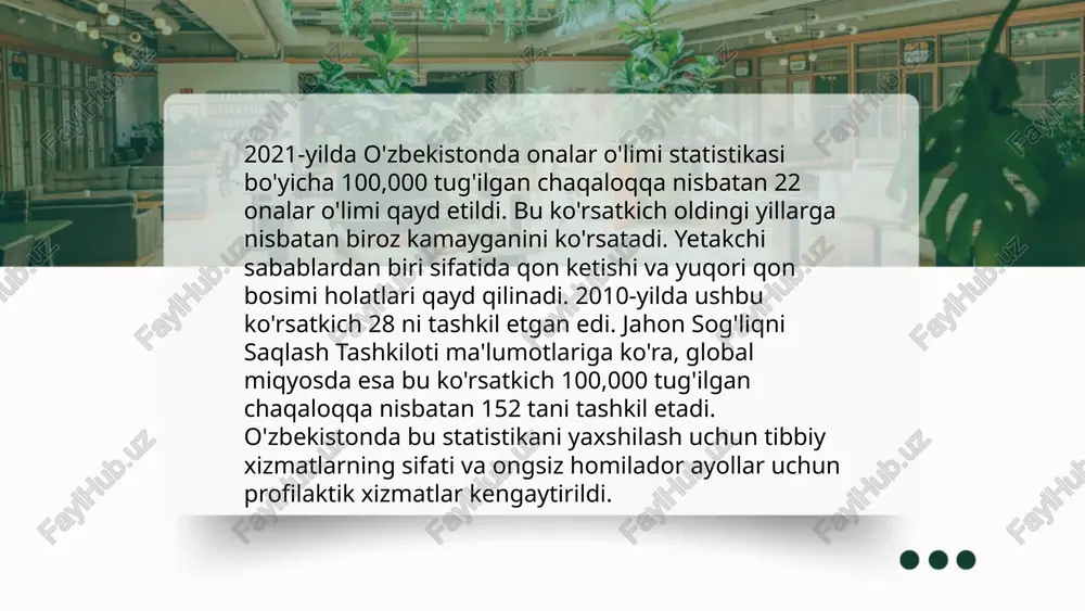 g'liqni saqlash tashkilotiga ko'ra, rivojlanayotgan mamlakatlarda onalar o'limi ko'proq kuzatiladi, bu esa 100,000 tirik tug'ilishga 435 dan ortiq holatni tashkil etishi mumkin. kam ta'lim va qashshoqlik, shuningdek, bolalarni erta yoshda dunyoga keltirish, o'lim xavfini oshiradi. sog'liqni saqlash muassasalariga yaqin yashovchilar orasida onalar o'limi darajasi pastroq bo'lishi kuzatiladi. ... t.me/slaydai_bot 10. onalar o'limi va malakali tibbiy kadrlar yetishmasligi markaziy osiyoda onalar o‘limining asosiy sabablari orasida tibbiy xizmatlar sifati va malakali tibbiyot kadrlarining yetishmasligi muhim rol o‘ynaydi. ma’lumotlarga ko‘ra, 2020 yilda o‘zbekistonda har 100,000 tirik tug‘ilgan chaqaloqqa 20 ta onalar o‘limi qayd etilgan. jahon sog‘liqni saqlash tashkiloti (jsst) ma’lumotlariga ko‘ra, past darajadagi mamlakatlarda o‘rtacha onalik o‘limi ko‘rsatkichi 40-50 ni tashkil qiladi. o‘zbekiston hukumati tibbiy xizmatlarni yaxshilash va malakali tibbiyot kadrlarini tayyorlash uchun turli dasturlarni amalga oshirmoqda. ammo, hali ham shifokorlarning yetishmasligi muammosi yaqqol ko‘rinib, aholiga xizmat ko‘rsatishda qiyinchiliklar tug‘dirmoqda. ... t.me/slaydai_bot o'zbekiston hukumati onalar o'limini kamaytirish maqsadida bir qator strategiyalarni amalga oshirmoqda. …