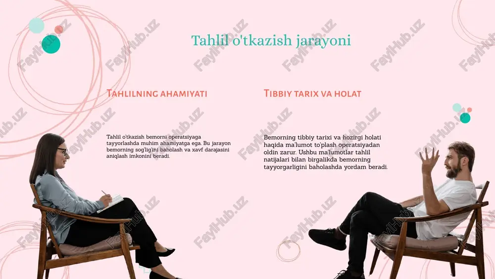 k darajasini maksimal darajada oshirishga imkon beradi. tahlil jarayonining bosqichlari 1. bemorning shaxsiy va tibbiy tarixini o'rganish. 2. laboratoriya va tasviriy tahlillarni o'tkazish. 3. tahlil natijalarini yig'ish va tahlil qilish. 4. tahlil natijalarini baholash va bemorning operatsiyaga tayyorgarlik darajasini belgilash. bemorlarni tayyorlashdagi muhim omillar bemorlarning individual xususiyatlari bemorlarning individual xususiyatlari operatsiyaga tayyorlash jarayonida muhim ahamiyatga ega. har bir bemorning jismoniy va psixologik holati, shuningdek, shaxsiy ehtiyojlari va qo'rquvlari tayyorgarlik jarayonini belgilaydi. bu xususiyatlarni inobatga olish, bemorlarni yanada samarali tayyorlashga yordam beradi. amaliyotdan oldin bemorlarni tayyorlashda muhim omillar 1. bemorlarni operatsiya haqida to'g'ri ma'lumot bilan ta'minlash. 2. psixologik qo'llab-quvvatlash va stressni kamaytirish. 3. tibbiy ko'rik natijalariga asoslangan individual tayyorgarlik rejasini ishlab chiqish. 4. bemorning sog'liq holatini va xavf omillarini baholash. xulosa bemorlar bilan suhbat bemorlar bilan suhbat, tibbiy ma'lumot olishdan tashqari, psixologik jihatdan ham muhim ahamiyatga ega. bu jarayon bemorlarning his-tuyg'ularini tushunishga yordam beradi va ularga zarur qo'llab-quvvatlashni taqdim etadi. suhbat …