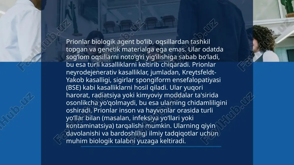 saqlanish kerak. bu, ayniqsa, ifloslangan go'sht mahsulotlarini nazarda tutadi. chorva mollarini sog'lom sharoitlarda boqish va prion kasalliklari tarqalgan hududlardan import qilishni cheklash muhim ahamiyatga ega. shuningdek, jarrohlik asboblarini noma'lum manbadan kelgan materiallardan tozalamishda ehtiyot choralarini ko'rish talab etiladi. prion kasalliklari yuqori darajada rezistent va dezinfeksiya qilish qiyin bo‘lganligi sababli, yuqori issiqlik va kimyoviy moddalardan foydalanish zarur. sog‘liqni saqlash organlari tomonidan belgilangan ko‘rsatma va qoidalarga qat’iy rioya qilish lozim. ... t.me/slaydai_bot 10. prion kasalliklarining davolash usullari prion kasalliklari markaziy asab tizimini zararlovchi o'zgartirilgan oqsillar tufayli yuzaga keladi. hozirgi davrda prion kasalliklarini to'liq davolash usuli mavjud emas. biroq, simptomlarni yengillashtiruvchi usullar qo'llaniladi. dori-darmonlar orqali bezovtalik va mushak tortishishlari kamaytiriladi. tadqiqotlar prion proteini bilan o'zaro ta'sir qiluvchi molekulalarni topishga qaratilgan. gen terapiyasi va antitelalar yordamida kasallikning rivojlanishini to'xtatish bo'yicha izlanishlar o'tkazilmoqda. kasalliklarni oldini olish uchun, xususan, kasal hayvonlar bilan aloqadan va ifloslangan oziq-ovqat iste'molidan saqlanish tavsiya etiladi. prion kasalliklari orasida eng keng tarqalgani …