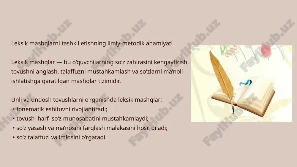 i kontekstda, dialog yoki matn ichida o‘rganish. 3. psixolingvistik faoliyat — tovushni eshitish, tanish va talaffuz qilish jarayonlari bilan xotira, diqqat va tafakkur faoliyatlarini uyg‘unlashtirish. psixolingvistik asos psixolingvistik tadqiqotlar (a. leontyev, l. vygotskiy, n. chomsky) ko‘rsatadiki: • tovushni idrok qilish → so‘zni eslab qolish → nutqni shakllantirish zanjiri mavjud. • agar tovush farqlanishi aniq o‘rganilmasa, leksik birliklar faol lug‘atga kirmaydi. • leksik mashqlar tovushlar ustida ishlashni “semantik kodlash”ga aylantiradi — bu esa o‘quvchining so‘z boyligini mustahkamlaydi. ilmiy kuzatuvlar 🔹 til o‘rgatish metodikasi bo‘yicha (a. madrahimov, s. mamatqulova, n. karimova) tadqiqotlar shuni ko‘rsatadiki: • unli va undosh tovushlarni faqat talaffuz asosida o‘rgatish natijaviy bo‘lmaydi; • tovush bilan birga so‘z ma’nosini idrok qilish orqali o‘quvchi tovushni leksik kontekstda mustahkam o‘zlashtiradi. shuning uchun leksik mashqlar fonetik o‘qitishning eng samarali shaklidir. leksik mashqlarni tashkil etishning didaktik tamoyillari 1. bosqichlilik tamoyili — unli va undosh tovushlar eng oddiydan murakkabgacha o‘rganiladi. 2. ko‘rgazmalilik tamoyili — tovushlar, …
