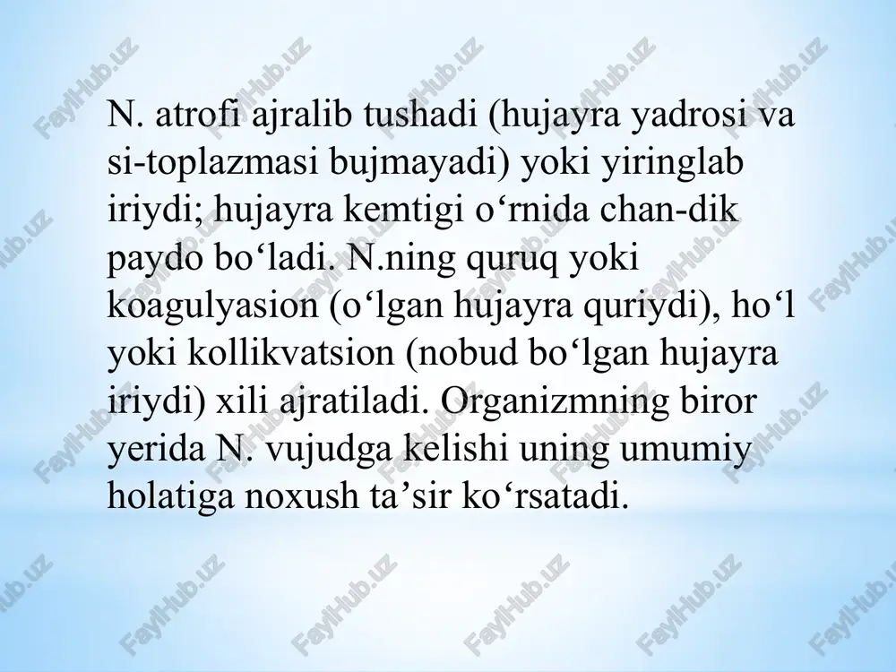 oz bo'lgan to'qimalar ajralib chiqqanda demarkatsion chiziqda biriktiruvchi to'qima hujayralari ko'payadi, leykotsitlar yig'iladi va granulyatsiya shakllanadi. sog'lom va nekrozlangan to'qimalar o'rtasidagi chegara tobora chuqurlashib boradi, bunda jarayon to nobud bo'lgan to'qimalar butunlay ajralib tushguncha davom etadi. yangi et olgan yara o'rni qoladi va u asta-sekin bitib ketadi. davosi infeksiya tufayli mahalliy asorat qolmasligi va quruq gangrenaning yiringli gangrenaga aylanmasligi uchun aseptika qoidalariga qat'iy amal qilish zarur. o'lgan to'qimalar (nekrektomiya)ni kesib tashlash yoki zararlangan oyoq rosmana demarkatsion to'siq pay do bo'lguncha amputatsiya qilinmaydi. gangrena to'qimalarning bevosita shikastlanishi tufayli yuz bergan bo'lsa, amputatsiya hatto demarkatsion chiziq bo'ylab ham o'tkaziladi. agar gangrena qon aylanishi buzilishi oqibatida yuzaga kelgan bo'lsa, amputatsiya sezilarli darajada proksimal o'tkaziladi. nobud bo'lgan va tirik to'qimalarni birbiridan farq qilish uchun intraoperatsion bo'yash usulidan foydalanish zarur (nekrotik to'qimalar bo'yalmaydi). yiringli (nam) gangrena yiringli (nam) gangrena asosan qon aylanishi haddan tashqari tez buzilgan taqdirda pastoz bemorlarda rivojlanadi (bu kasallikning kelib chiqish sababi …