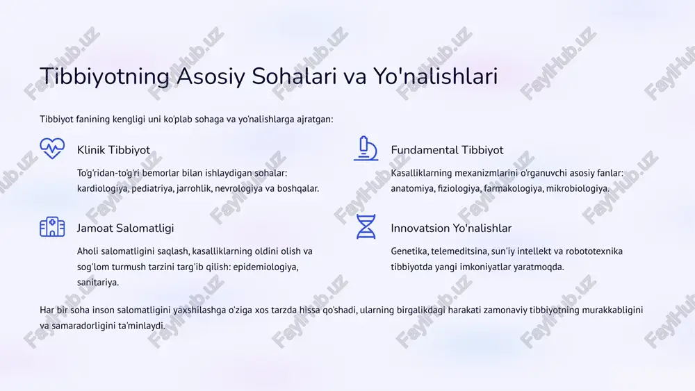 ydalanish huquqi. tibbiy yordam turini tanlash huquqi. ushbu huquqlarni hurmat qilish bemorning qadr-qimmatini himoya qiladi va tibbiyot tizimiga bo'lgan ishonchni mustahkamlaydi. 8 zamonaviy tibbiyotda etik dilemmalar va ularni hal qilish zamonaviy tibbiyotning jadal rivojlanishi, ayniqsa biotexnologiya va genetikadagi yutuqlar yangi etik dilemmalarni keltirib chiqarmoqda: evtanaziya: og'ir kasallikka chalingan bemorning hayotini tugatish masalasi. organ transplantatsiyasi: organ donorligi va taqsimoti bilan bog'liq axloqiy muammolar. genetik muhandislik: inson genomiga aralashishning axloqiy chegaralari. resurslar taqsimoti: cheklangan tibbiy resurslarni qanday adolatli taqsimlash kerak? bu dilemmalarni hal qilish uchun tibbiyot mutaxassislari, etika bo'yicha ekspertlar, huquqshunoslar va jamiyat birgalikda ishlashi kerak. bu jarayonda shaffoflik va ochiq muloqot juda muhimdir. 9 xulosa va kelajak tibbiyoti deontologiyasi "tibbiyotning asosiy maqsadi — insonga yordam berish, azobni yengillashtirish va hayotni asrash. bu faoliyat har doim axloqiy tamoyillarga asoslanishi kerak." tibbiyot insoniyatning eng muhim yutuqlaridan biri bo'lib, uning asosi - chuqur axloqiy va deontologik qoidalardir. kelajakda tibbiyot yanada murakkablashib, sun'iy intellekt, robototexnika …