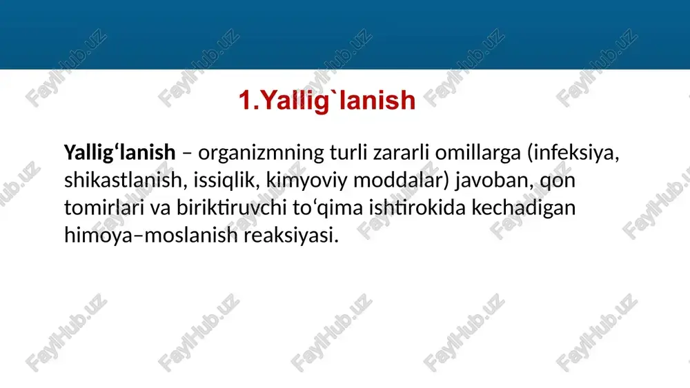yinchalik chandiqqa aylanadi. klinik misollar yurak infarktida → biriktiruvchi to‘qima o‘sib, chandiq hosil qiladi. jigar sirrozi → jigar parenximasi o‘rnini biriktiruvchi to‘qima egallaydi. sil granulomasi → granulema shakllanib, o‘pka to‘qimasida o‘choqlar hosil qiladi. revmatizmda → yurak klapanlarida granulyatsion to‘qima hosil bo‘lib, deformatsiya qiladi. 18 ahamiyati ijobiy tomoni: shikastlangan joyni tuzatadi, to‘qimalarning yaxlitligini saqlaydi. salbiy tomoni: ortiqcha fibroz va chandiqlanish organ funksiyasini buzishi mumkin (masalan, jigar sirrozi, o‘pka fibrozlari). 19 20 yallig‘lanish mexanizmi mediatorlar (gistamin, bradikinin, prostaglandinlar) ajraladi. qon tomirlari kengayadi, ularning o‘tkazuvchanligi ortadi. suyuqlik va immun hujayralar zararlangan joyga o‘tadi. fagotsitoz sodir bo‘ladi va to‘qima tiklana boshlaydi. 21 mediator asosiy ta’siri misol/izoh vazoaktiv aminlar (gistamin,serotonin) – arteriolalarni toraytiradi – venulalarni kengaytiradi – shish paydo qiladi allergiyada gistamin ajralishi → qizarish, shish plazma proteazalari (kinin, komplement) – arteriolalarni kengaytiradi – silliq mushakni qisqartiradi – tomir o‘tkazuvchanligini oshiradi komplement tizimi faollashib → yallig‘lanish kuchayadi arahidonat kislotasi metabolitlari (prostaglandin, leykotrien) – prostaglandin: og‘riq …