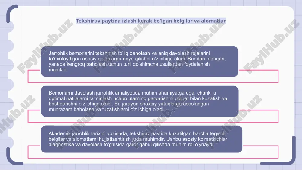 tarixni baholash kiradi. tekshiruvning qo'shimcha usullari bemorning ahvolini qo'shimcha baholash uchun rentgen nurlari yoki kompyuter tomografiyasi kabi ko'rish testlarini o'z ichiga olishi mumkin. ushbu vositalar har qanday mumkin bo'lgan muammolar yoki anormalliklarni batafsilroq ko'rishga yordam beradi. bemorlarni kurasiya qilish tekshiruv natijalari asosida shaxsiylashtirilgan davolash rejasini ishlab chiqishni o'z ichiga oladi. bu bemorning farovonligini ta'minlash uchun jarrohlik aralashuvlar, dori-darmonlarni boshqarish va doimiy monitoringni o'z ichiga olishi mumkin. bemorlarni tekshirishda yangi texnologiyalarni joriy etishning afzalliklari jarrohlik bilan og'rigan bemorlarni tekshirishning asosiy qoidalari to'liq jismoniy baholash, kasallik tarixini tekshirish va kerak bo'lganda diagnostika testlarini o'z ichiga oladi. jarrohlik bemorlarini tekshirishning qo'shimcha usullari keng qamrovli baholash uchun vizual tadqiqotlar, laboratoriya testlari va mutaxassislar bilan maslahatlashuvlarni o'z ichiga olishi mumkin. bemorlarni kurasiya qilish yordamni muvofiqlashtirish, taraqqiyotni kuzatish va kerak bo'lganda davolash rejalarini tuzatishni o'z ichiga oladi. bemorlarni tekshirishda yangi texnologiyalarni kiritish diagnostika va boshqarishda aniqlik va samaradorlikni oshirishi mumkin. optimal parvarishlash uchun jarrohlik bemorlarni davolashdagi …