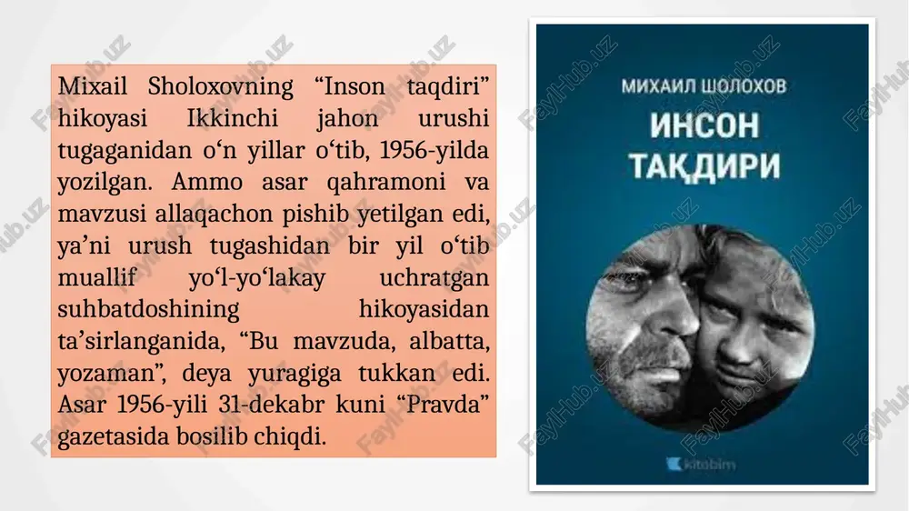 g uyiga yoʻl oladi. oʻsha yerda haydovchilik qiladi. otasi jangda, onasi poyezdga bomba tushganda vafot etgan 4–5 yoshlardagi vanyushani uchratib qoladi va uni oʻziga ogʻil qilib oladi. vanyusha tufayli andreyning hayoti yana nurga toʻladi. ishida yuz bergan muammo tufayli uryupinskdan kasharga yayov yoʻl olgan andrey bilan vanyusha mana shu oʻrinda daryo kechigida muallif bilan suhbatini tugatib yoʻliga davom etadi. hikoya mazmuni va uning tahlili “inson taqdiri” hikoyasi yuqorida aytib oʻtganimizdek urush tugagan yillarda yozish rejalashtirilgan boʻlsada, oradan oʻn yillar oʻtib, 1956-yilda yozilgan. 1953-yilda stalin vafot etdi. uning qaroriga muvofiq jangda dushmanga taslim boʻlganlar xoin hisoblanib, yoʻq qilinishi kerak. ularning oilasi esa har qanday davlat yordamidan mahrum etilishi kerak edi. sholoxov stalin siyosatiga doimo tanqidiy yondashgan va “inson taqdiri” hikoyasida ham oʻsha tanqidiy yondashuvni kuzatishimiz mumkin. u oʻz asarlarida urush yillarida minglab asir tushgan askarlar hayotining qanchalik qiyin kechganini va jamiyatning ular haqidagi fikr va qarashlarini oʻzgartirishga uringan va bunga erishgan …