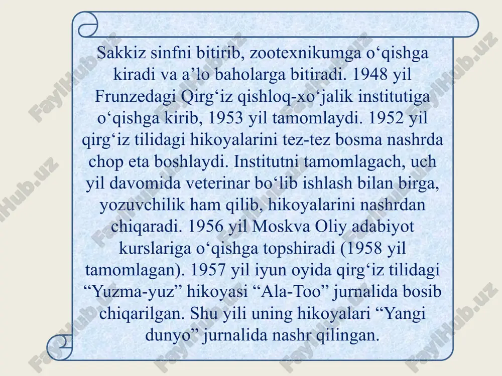 ulovlar oilasining katta o'g'li qosimning rafiqasi bo'lgan alimanning paydo bo'lishini tasvirlaydi. muallif uchun qishloq mehnatkashlarining orzulari ro'yobga chiqqan urushdan oldingi sotsialistik qishloqning baxtli muhitini etkazish muhimdir. urush arafasida, kechqurun tolgonay eri bilan ishdan qaytdi, ulg'ayayotgan o'g'illari haqida, uchib o'tgan yillar haqida o'ylar va osmonga qarab somonchilar yo'li, somon yo'lini ko'rdi, "mening ichimda bir narsa titrab ketdi ” va shu birinchi kechani, va u orzu qilgan sevgisini, yoshligini esladi. shunday qilib, barchasi amalga oshdi, - xursandchilik bilan o'ylaydi ayol. 3.asardan olgan xulosalarim va hozirgi zamon nigohida xulosa qilib shuni aytmoqchimanki, chingiz torekulovich aytmatovning insoniy azob-uqubatlari bilan to'lib-toshgan asarlari bugungi kunda bir necha avlod o'quvchilari uchun minnatdorchilik haqida o'ylashga imkon beradi. chingiz aytmatov qirq yildan ziyod adabiyotlarda ishlaganligi sababli, u murakkab va bugungi kun qahramonlarini yorqin va chinakam aks ettirishga muvaffaq bo'ldi. “somon yo’li” qissasi mashxur qissalardan bo’lib, ushbu kitob chingiz aytmatov ijodining eng sermahsul davridan dalolatdir. asar jonli tasvir va hikoyatchilik …