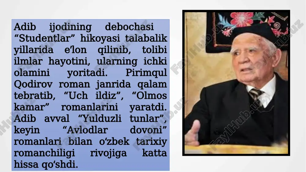 rugʻ-aymogʻlararo munosabatlarga qator islohotlar kiritadi. turli diniy eʼtiqodlarga mansub kishilarning ixtilofini bartaraf etishga jon kuydiradi. hatto turli eʼtiqodlarning mushtarakligini taʼminlovchi umumiy din boʻlishini orzu qiladi. hind goʻzali rani jodha bayga uylanishi ana shu ulugʻ niyatlariga tutashib ketadi. shularning barchasi mazkur asarda batafsil bayon etiladi. xulosa oʻrnida shuni aytmoqchimanki, pirimqul qodirovning “avlodlar dovoni” asarini har bir oʻqigan kitobxonni yaxshilik qilish, hayotga kengroq nazar tashlash, tarixni chuqur oʻrganish va unda yashab oʻtgan avlodlar haqida yanada koʻproq oʻrganish, vaqt qadriga yetish kabi tushunchalarni mohiyatan anglab yetishiga yordam beradi. biz barchamiz mana shunday mahorat bilan yozilgan asarlar orqali oʻtmishda naqadar buyuk ota-bobolarimiz yashab oʻtganliklarini bilib olishimiz va kelajak avlod uchun faxr-iftixor bilan aytib bera olamiz. bir soʻz bilan aytgnada, biz kitobxonlar mana shunday asarlarni oʻqib ham maʼnaviy, ham tarbiyaviy bilimlarni egallaymiz. xulosa eʼtiboringiz uchun rahmat! image2.jpeg image3.jpeg image4.jpeg image5.png image6.jpeg image7.jpeg image8.jpeg image9.jpeg image10.png image11.jpeg image12.jpeg image13.jpeg image1.png pirimqul qodirov avlodlar dovoni www.magicy¥s¥ diagram.com …