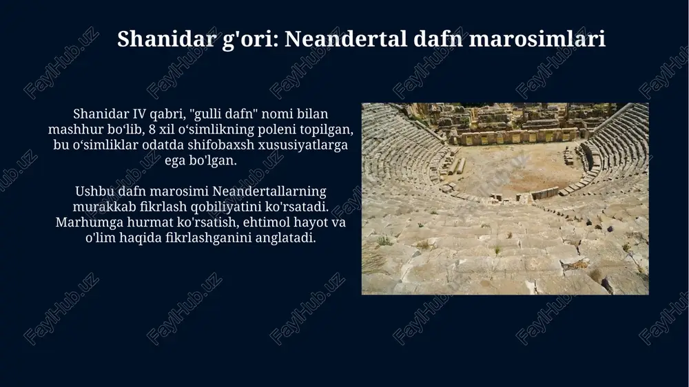 lib, bu odamlarning moslashuvchanligi va o'zgaruvchan sharoitlarga chidamliligini ko'rsatadi. krapina: xorvatiyadagi neandertal topilmalari krapina neandertallarining suyaklarida kesish va sinish izlari mavjud, bu o'sha davrda kannibalizm yoki jasadlarni qayta ishlash amaliyoti bo'lganligini ko'rsatadi. krapinadagi neandertal topilmalari yevropaning eng boy paleolit ​​davri kolleksiyalaridan biri bo'lib, 900 ga yaqin suyak qoldiqlarini o'z ichiga oladi. mousterian tosh qurollari texnologiyasi mousterian davridagi ba'zi tosh qurollarida mikroskopik aşınma izlari bor, bu ularning terini kesish yoki yog'ochni o'yish kabi vazifalarni bajarganligini ko'rsatadi. disk shaklidagi yadro texnologiyasi ko'p qirrali asboblar yaratish uchun ishlatilgan, unda yadro bir nechta qirralarni olish uchun aylanma tarzda urilgan. e'tiboringiz uchun rahmat @taqdimot_robot image6.jpg image7.jpg image8.jpg image9.jpg image10.jpg image11.jpg image12.jpg image13.jpg image14.jpg image15.jpg image16.jpg image17.jpg image18.jpg image19.jpg image20.jpg image21.jpg image22.jpg image4.jpeg