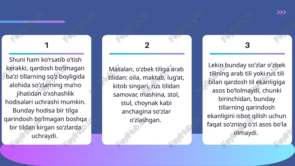 ari oilasi xom-som tillari oilasi kavkaz tillari oilasi ugor-fin tillari oilasi oltoy tillari oilasi xitoy-tibet tillari oilasi dravid tillari oilasi malay-polineziya tillari oilasi hozirgi vaqtda tarixi o‘rganilib, bir-biri bilan qardosh ekanligi aniqlangan tillar oilasi quyidagilardan iborat. geneologik tasnif qardosh tillarning tarixiy taraqqiyot jarayonida bir o‘zak tilidan tarqalganligini va ularning o‘zaro munosabatini, so‘z ma’nolari va grammatik shakllarini, nutq tovushlarining bir-biriga yaqinligini, o‘xshashligini nazarda tutib, tillarni guruhlarga ajratadi. e‘tiboringiz uchun rahmat! image1.png image2.svg image2.png image3.png image5.svg image4.png image7.svg image5.png image9.svg image6.png image11.svg image7.png image13.svg image8.png image15.svg image9.png image10.png image18.svg image11.png image20.svg image12.png image22.svg image13.png image24.svg /docprops/thumbnail.jpeg