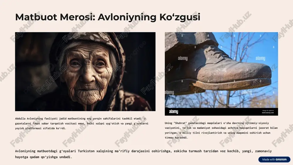 lini rivojlantirish, uning imkoniyatlarini kengaytirish va xalqni yangi bilimlar bilan tanishtirishga katta hissa qo‘shdi. uning asarlari tilning boyishi va stilistik jihatdan takomillashuviga yordam berdi. 7 "turkiston" truppasi sahnada: g‘oya va ijro teatr jadidlar uchun targ‘ibotning eng ta’sirchan shakli edi. sahnadagi har bir harakat, har bir so‘z xalq qalbida chuqur aks sado berar edi. teatrning ta’sir kuchi avloniy va uning truppasi ijro etgan spektakllar shunchaki o‘yin-kulgi emas, balki ijtimoiy muammolarga yechim izlash, qoloqlikni tanqid qilish va zamonaviy g‘oyalarni targ‘ib qilish vositasi edi. teatr xalqni bir joyga to‘plab, umumiy fikr doirasini shakllantirishga xizmat qildi. aktyorlar va tomoshabinlar "turkiston" truppasining aktyorlari asosan havaskor yoshlardan iborat bo‘lib, ular milliy ruh va g‘ayrat bilan ishlagan. tomoshabinlar esa yangi dunyoqarash va o‘zgarishlarga chanqoq bo‘lgan turkiston xalqi edi. teatr sahnasi milliy o‘zlikni anglash makoniga aylandi. 8 abdulla avloniy ijodining zamonaviy ahamiyati avloniyning merosi va g‘oyalari bugungi kunda ham o‘z qadrini yo‘qotmagan. uning faoliyati o‘zbekiston mustaqilligining ma’naviy asoslarini …