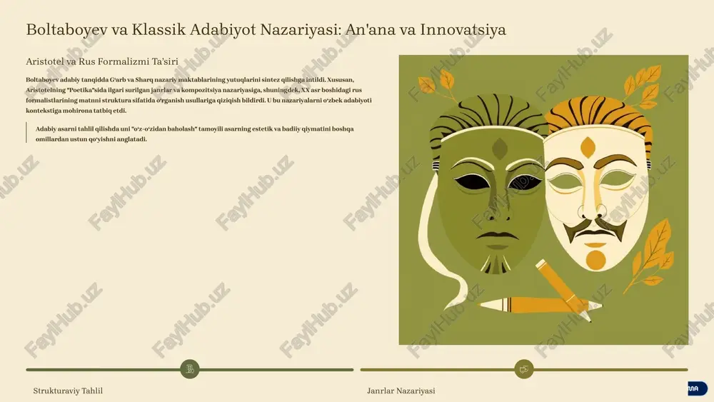aridan misollar va amaliy tanqid namunalari hamidullo boltaboyevning tanqidiy faoliyati faqat nazariy qarashlar bilan cheklanib qolmay, balki o‘zbek adabiyotining ko‘plab yirik asarlarini tahlil qilishda namoyon bo‘lgan. o‘zbek klassik va zamonaviy adabiyotiga oid ko‘plab jiddiy tanqidiy maqolalari uning ilmiy merosini tashkil etadi. u alisher navoiy, abdulla qodiriy, cho‘lpon kabi klassiklar ijodini yangicha ilmiy asosda tadqiq etgan. uning tahlillari muayyan asarlarni faqatgina syujet yoki qahramonlar doirasida emas, balki keng ijtimoiy va falsafiy nuqtai nazardan ochib berish bilan ajralib turadi. boltaboyev g‘afur g‘ulom, oybek, abdulla oripov, erkin vohidov singari zamonaviy adiblarning asarlaridagi chuqur ma’naviy qatlamlarni kashf etishga yordam bergan. uning tanqidiy qarashlarining amaliy namunalari shuni ko'rsatadiki, boltaboyev asarni o'qib tugatgandan so'ng, o'quvchida nafaqat estetik zavq, balki chuqur tafakkuriy iz qoldirishi lozim deb hisoblagan. 7 boltaboyevning o‘zbek adabiyotidagi o‘rni: liderlik va ta’sir tanqidiy fikr rivojiga ta’siri boltaboyev o‘zbek adabiyotshunosligini mafkuraviy tazyiqlardan xalos qilishga, unga yangi ilmiy-nazariy asoslar yaratishga katta hissa qo‘shdi. uning asarlari tanqidiy …