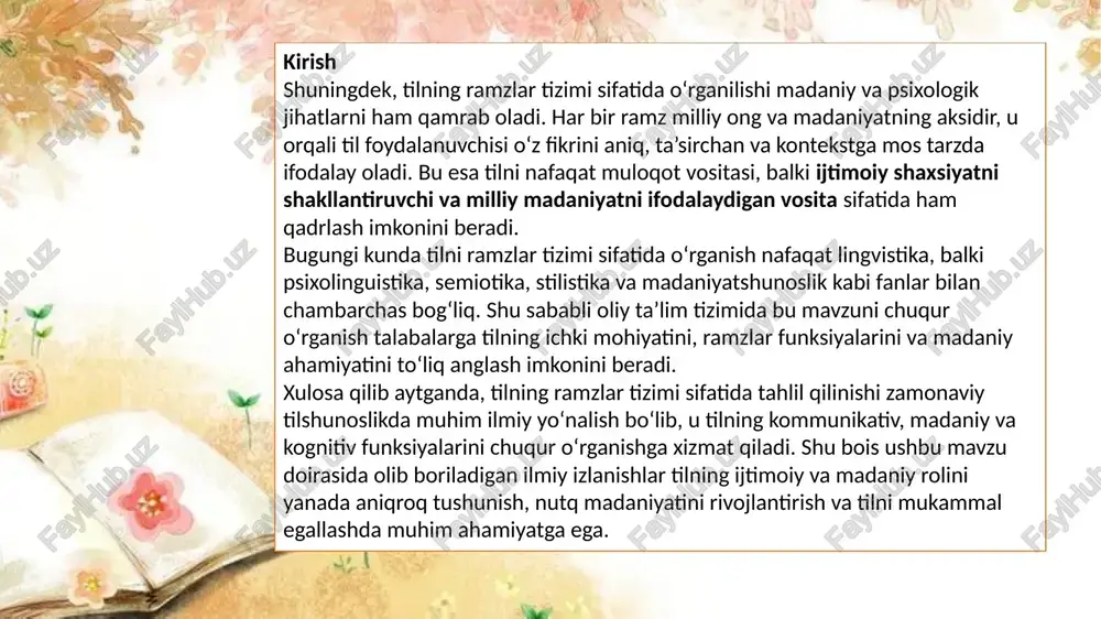 jarishi va muloqot jarayonida tushunilishini ta’minlashi lozim. bu tizim orqali til foydalanuvchilari o‘zaro muloqot qiladi, fikr va hissiyotlarini aniqlik bilan ifodalaydi, hamda ijtimoiy normalar va madaniy qadriyatlarni uzatadi. til ramzlar tizimining funksional xususiyatlari bir nechta asosiy yo‘nalishda namoyon bo‘ladi: ma’noni belgilash funksiyasi: har bir ramz o‘ziga xos ma’no anglatadi va nutqda fikrlarni ifodalashga xizmat qiladi. masalan, so‘z, ibora yoki frazeologik birliklar orqali abstrakt tushunchalar, hissiyotlar yoki hodisalar aniqlik bilan beriladi. kommunikativ funksiyasi: ramzlar orqali insonlar o‘zaro muloqot qiladi. til ramzlar tizimi nutqda tushunish va tushuntirish jarayonini osonlashtiradi, shuningdek, axborot almashish samaradorligini oshiradi. madaniy va identifikatsion funksiyasi: ramzlar milliy madaniyat, urf-odatlar va tarixiy tajribani aks ettiradi. masalan, frazeologik birliklar, maqollar va xalq og‘zaki ijodi orqali til foydalanuvchisi o‘z milliy identifikatsiyasini ifodalaydi. 4. estetik va obrazlilik funksiyasi: til ramzlari nutqqa badiiy tus beradi, uni jonli, ta’sirchan va esda qolarli qiladi. bu funksiyasi adabiy til, publitsistika va og‘zaki ijodda ayniqsa muhim ahamiyatga ega. …
