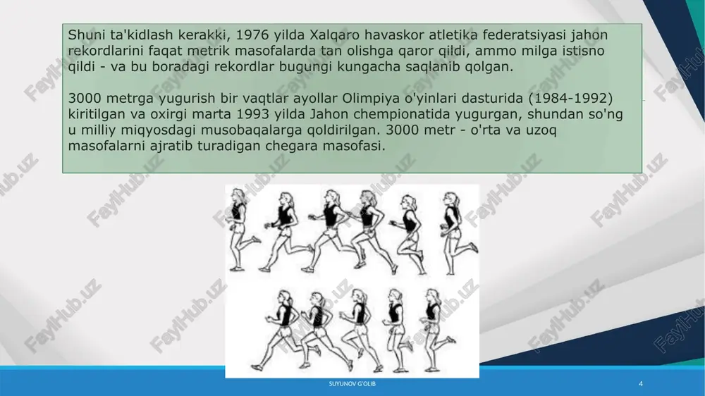 siqdan tashqariga oyog'ini qo'ygan har qanday ishtirokchi yo'q qilinadi. sportchilar to'siqlarni qo'llari bilan qo'llab-quvvatlagan holda, bir oyog'ini to'singa qo'ygan holda, to'siqlarni tegmasdan engib o'tishlari mumkin. suyunov g'olib 10 yarim asrdan kamroq vaqt oldin, o'rta masofalar 400 metrdan bir milyagacha bo'lgan barcha stadion poygalari deb hisoblangan. endi vaziyat boshqacha. bunday poygalar an'anaviy tarzda qadimgi olimpiya o'yinlarida o'tkazilgan va 19-asr o'rtalarida qayta tiklangan. 1896 yildan beri har bir olimpiya o'yinlarida erkaklar o'rtasida 800 va 1500 metrga yugurish bo'yicha musobaqalar o'tkazilib kelinmoqda, biroq ayollarga faqat 1928 yilda 800 metrga yugurish uchun ruxsat berilgan va bunday "uzoq" poygalar paytida ayol sportchilar hushini yo'qotayotgani haqidagi yolg'on xabarlar tufayli darhol chetlatilgan. ayollar uchun 800 m masofa 1960 yilda tiklandi va 1500 m 1972 yilda qo'shildi. suyunov g'olib 11 e’tiboringiz uchun tashakkur suyunov g'olib 12 image2.jpeg image3.jpeg image4.jpeg image5.jpeg image6.png image7.jpeg image8.jpeg image9.jpeg image1.jpg /docprops/thumbnail.jpeg