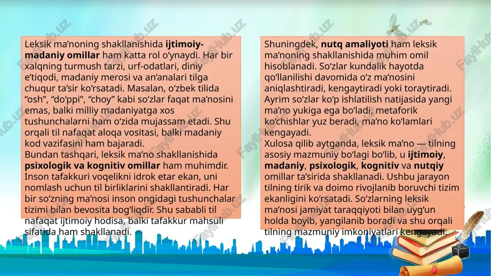 rcha turdagi hayvon go‘shtini anglatsa, hozirda ko‘pincha faqat qoramol go‘shti ma’nosida ishlatiladi. shuningdek, “meva” so‘zi ham dastlab barcha daraxt hosillarini bildirgan bo‘lsa, hozir ko‘proq shirinlik sifatida yeyiladigan hosillarni anglatadi. bu jarayon tilning ixtisoslashuvini ko‘rsatadi. 3. ma’no ko‘chishi (metafora, metonimiya, sinekdoxa) so‘zning bir predmet yoki hodisaga nisbatan qo‘llanib, boshqa predmet yoki hodisani ifodalay boshlashi ma’no ko‘chishi deyiladi. u uchta asosiy yo‘l bilan ro‘y beradi: metafora — o‘xshashlik asosida ma’no ko‘chishi. masalan, “oyoq” so‘zi dastlab inson a’zosini bildirgan bo‘lsa, hozirda “stol oyoqlari”, “ko‘prik oyoqlari” kabi yangi ma’nolarda ishlatiladi. metonimiya — yaqinlik asosida ma’no ko‘chishi. masalan, “davra” so‘zi odamlar yig‘ilgan joyni yoki o‘sha yig‘inda qatnashayotganlarni bildirishi mumkin. sinekdoxa — butun o‘rniga qism, qism o‘rniga butunni ishlatish orqali ma’no ko‘chishi. masalan, “o‘zbekiston oltin oldi” degan jumlada “o‘zbekiston” so‘zi butun mamlakatni emas, sportchilarni anglatadi. 4. polisemiya — ko‘p ma’nolilik til taraqqiyoti davomida ko‘plab so‘zlar bir nechta ma’noga ega bo‘lib boradi. bunda so‘zning birinchi ma’nosi asosiy, …