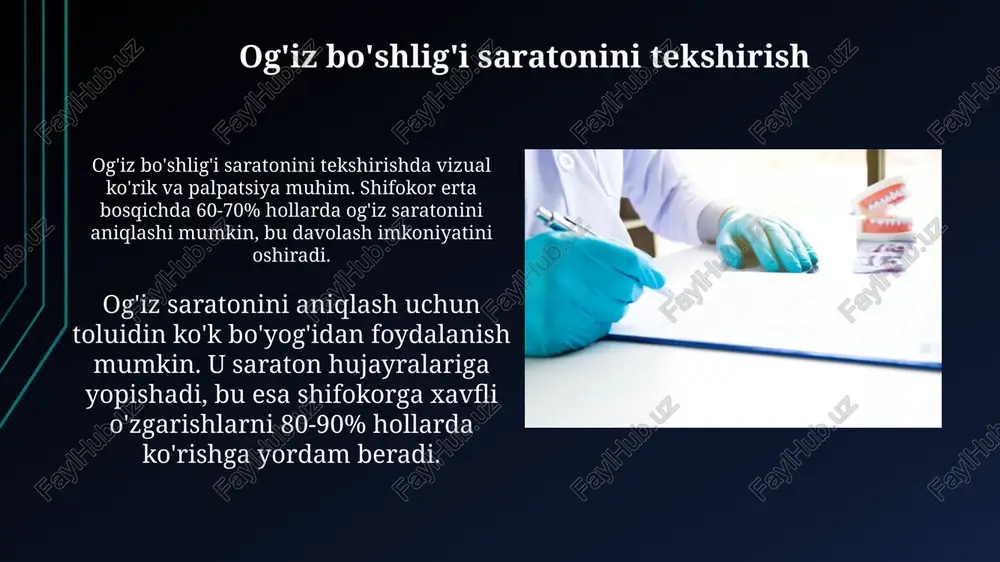 yner bo'lishi mumkin, jarohatlarning oldini oladi. qayta ishlashdan oldin, o'tkir narsalarni qo'lda yig'mang, lekin mos keladigan uskunalar, masalan, forseps yoki 1 martalik scooplar yordamida olib tashlang, infeksiya xavfini kamaytirish uchun. kirish kirishda stomatologiya xizmatlarida infektsiya nazorati, radiatsiya xavfsizligi va favqulodda vaziyatlarga tayyorgarlik kabi muhim xavfsizlik choralarini qamrab olish kerak. kirish so'zida bemorning xavfsizligini ta'minlash stomatologiya mutaxassislarining asosiy vazifasi ekanligi, bunda qat'iy protokollar va doimiy ta'lim muhim ahamiyatga ega ekanligi aytiladi. yong'in xavfsizligi har bir stomatologiya xodimi yong'in sodir bo'lganda favqulodda evakuatsiya rejasini bilishi va yiliga kamida bir marta yong'in mashg'ulotlarida ishtirok etishi kerak. stomatologiya kabinetlarida yong'in xavfsizligi uchun kamida 2 ta o't o'chirgich bo'lishi kerak, ulardan biri uglerod dioksidli (co2) bo'lishi shart, hajmi kamida 5 kg. e'tiboringiz uchun rahmat @taqdimot_robot image2.jpg image3.jpg image4.jpg image5.jpg image6.jpg image7.jpg image8.jpg image9.jpg image10.jpg image11.jpg image12.jpg image13.jpg image14.jpg image15.jpg image16.jpg image17.jpg image18.jpg
