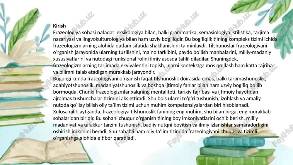 shundaki, frazeologiya tilda badiiylik, emotsional boylik va milliy rang-baranglikni ta’minlovchi asosiy vositalardan biridir. badiiy adabiyotda frazeologizmlardan keng foydalanilishi matnga chuqur obrazlilik, jonlilik va hissiyot bag‘ishlaydi. shu boisdan ham tilshunoslikda frazeologiyani faqat nazariy emas, balki amaliy jihatdan ham chuqur o‘rganish zarurdir. u nafaqat til tizimining bir qatlami sifatida, balki madaniy meros, milliy tafakkur va tilning ifoda imkoniyatlarini boyituvchi omil sifatida alohida ahamiyatga ega. xulosa qilib aytganda, frazeologiyaning tilshunoslik fanidagi o‘rni va ahamiyati juda keng va ko‘p qirrali. u til tizimini boyitadi, nutq madaniyatini shakllantiradi, madaniyatlararo farqlarni yoritadi, tarjima va stilistik tahlil jarayonida muhim manba vazifasini bajaradi. shu sababli frazeologiya bugungi zamonaviy tilshunoslikda dolzarb ilmiy yo‘nalish sifatida o‘z ahamiyatini yo‘qotmagan, aksincha, kengayib borayotgan soha hisoblanadi. frazeologik birliklarning asosiy belgilar va xususiyatlari frazeologik birliklar — bu til tizimida shakl jihatidan mustahkam, semantik jihatdan yaxlit bo‘lgan barqaror so‘z birikmalari bo‘lib, ular ko‘pincha ko‘chma ma’noda ishlatiladi. tilshunoslikda frazeologizmlarni boshqa leksik birliklardan ajratib turuvchi o‘ziga xos …