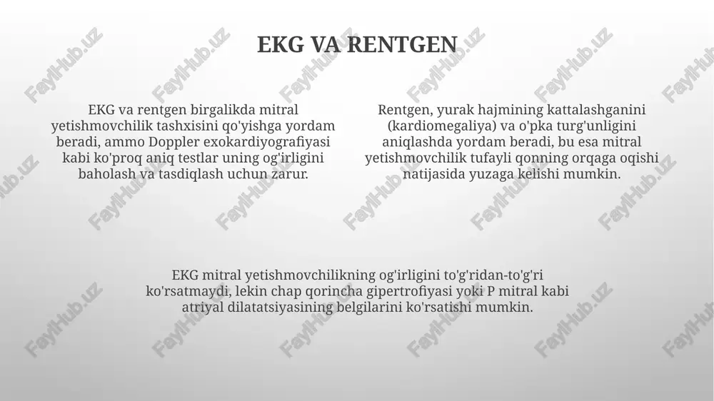 itatsiya hajmi, odatda, 50% dan oshib ketishi, chap boʻlmachaning haddan tashqari yuklanishiga va kengayishiga olib keladi. regurgitatsiya oqimi o'pka tomirlarida bosimni oshiradi, bu esa o'pka gipertenziyasiga olib kelishi mumkin; bunday holatda o'ng qorincha zo'riqishi, o'ng qorincha yetishmovchiligi va trikuspidal yetishmovchilikka olib kelishi mumkin. kirish kirish bosqichida mitral yetishmovchiligi ko'pincha simptomsiz kechadi, lekin vaqt o'tishi bilan, 5-10 yildan so'ng, nafas qisilishi va charchoq kabi belgilar paydo bo'lishi mumkin. mitral yetishmovchiligining kirish sabablari orasida mitral klapan prolapsi (mvp) va revmatik yurak kasalligi (rhd) eng koʻp uchraydi, taxminan 30-45% hollarda aniqlanadi. kirish deganda mitral yetishmovchiligida qon chap qorinchadan chap boʻlmachaga regurgitatsiya qilishi tushuniladi, bu esa yurak ish faoliyatiga 10-20% yuklamani oshiradi. boshqa diagnostika usullari yuqori tezlikdagi faza-kontrast mri mitral regurgitatsiya hajmini aniq miqdorda o'lchay oladi, bu esa mitral klapan nuqsonining og'irligini aniqlashning noinvaziv usulini taqdim etadi. 3d exokardiografiya mitral klapanni uch o'lchamda vizualizatsiya qiladi, klapan tuzilishini baholash va mitral regurgitatsiya mexanizmini tushunishda yordam …