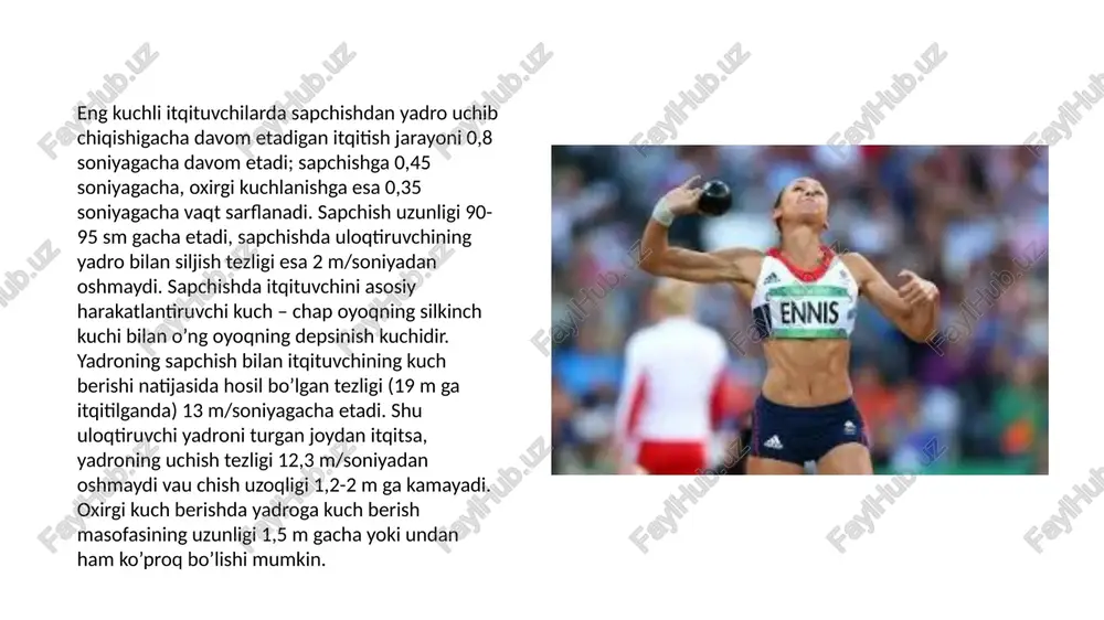 gr., katta o’smirlar uchun – 6 kg, kichik o’smirlar uchun – 5 kg. barcha bosqonlarning uzunligi bir xil (118-122 sm). bosqon uloqtirish musobaqasi 2,135 m diametrga ega bo’lgan sement yoki asfalt doiradan turib, 600 sektorda o’tkaziladi. uloqtirish doirasi balandligi kamida 3,5 m bo’lgan ehtiyot to’ri bilan to’silgan bo’lishi kerak. bosqon uloqtirish, uni dastlabki aylantirish, bir necha marta aylanish va asbobni chiqarib yuborish bilan oxirlanadigan oxirgi kuchlanishdan iborat. uloqtirish vaqtida sportchi bosqonga o’z kuchi bilan ta’sir o’tkazib, uni doiraga yaqin bo’lgan egri chiziq bo’ylab jadal harakatlantira boshlaydi. bosqonni ufqqa nisbatan optimal burchak ostida (440 gacha) uloqtirib yuborishga tayyorlanish uchun uni qiya yuza bo’ylab aylantiriladi. bosqonni dastlabki aylantirish – uloqtirishning ajralmas qismi bo’lib, qolgan harakatlarning to’g’ri bajarilishi shunga bog’liqdir. dunyoning eng kuchli uloqtiruvchilari dastlabki aylantirishni ikki davrada bajaradilar va bunda bosqon sharini burilishlarni boshlash uchun kerakli tezlikda (13-14 m/sek) harakatlantira boshlaydilar. bosqonning aylanish yuzasi ufqqa nisbatan taxminan 38-400 og’ma bo’ladi. burilishlar vaqtida …