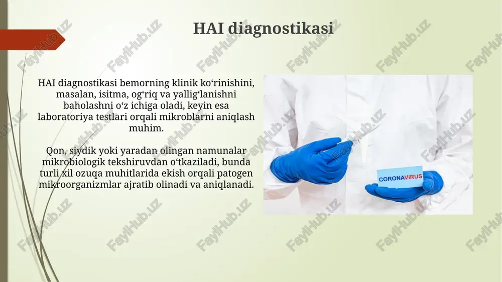 umkin. hai patogenlariga klebsiella pneumoniae kabi gram-manfiy bakteriyalar kiradi, ular 10% gacha pnevmoniya holatlariga sabab bo'ladi va karbapenemlarga chidamlilik darajasi ortib bormoqda. xodimlar ta'limi va tayyorlash barcha xodimlar, jumladan yangi ishga qabul qilinganlar, ish boshlashdan oldin infeksiyani nazorat qilishning asosiy protokollari bo'yicha 4 soatlik o'quv dasturini tugatishlari kerak. xodimlar infeksiyani nazorat qilish bo'yicha kamida 12 soatlik asosiy tayyorgarlikdan o'tishi kerak, bu esa gigiena qoidalari va himoya vositalaridan foydalanishni qamrab oladi. kasalxonada yuqtirilgan infeksiya: kirish aqshda har yili 1,7 millionga yaqin hai holatlari qayd etiladi, bu esa qo'shimcha tibbiy xarajatlarga va o'rtacha 99 000 o'limga olib keladi. kasalxonada yuqtirilgan infeksiyalar (hai) - bu davolanish vaqtida paydo bo'lgan infeksiyalar, bemorning ahvolini og'irlashtirishi va o'limga olib kelishi mumkin. e'tiboringiz uchun rahmat @taqdimot_robot image2.jpg image3.jpg image4.jpg image5.jpg image6.jpg image7.jpg image8.jpg image9.jpg image10.jpg image11.jpg image12.jpg image13.jpg image14.jpg image15.jpg image16.jpg image17.jpg image18.jpg