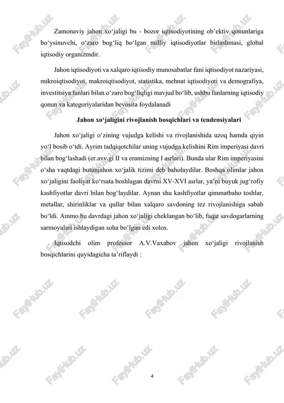 latlarning birin-ketin yopiq milliy xo‘jalikdan tashqi bozorga yuz tutgan iqtisodiy ochiq tipdagi xo‘jalikka o‘tishidir. aynan ana shu davrda aqsh olimlari “ochiq savdo”, “ochiq iqtisodiyot” degan tezislar bilan chiqdilar. bu avvalo jahon bozorida o‘z hukmronligini o‘tkazish bilan bog‘liq edi. ikkinchi jahon urushidan g‘olib va yanada boyib chiqqan aqsh hukumati tomonidan yangi iqtisodiy tartib qo‘llanmalari taklif etildi. bunday “erkin savdo” va “ochiq iqtisodiyot” tezislari hukmron iqtisodiyotning kamroq rivojlangan davlatlarga qarshi qaratilgan quroli, shuningdek amerika korporatsiyalarining tutib bo‘lmas ekspansiyaga intilishlari edi. ammo urushdan keyingi yillarda dunyoda ijtimoiy-iqtisodiy holatning o‘zgara borishibilan bog‘liq holda “ochiq iqtisodiyot” haqidagi tezis amerika ekspansionizmining manfaatlariga yo‘naltirilganlikni yo‘qota borib, jahon xo‘jalik aloqalarining baynalminallashuvi ma’nosini ola boshladi. jahon iqtisodiyotida ochiq iqtisodiyotni shakllanishida davlat muhim rol o‘ynadi. davlat tovar va xizmatlar olib chiqishni rag‘batlantirib, xorijiy firmalar bilan kooperatsiyalarga, tashqi iqtisodiy aloqalarni rivojlanishiga yordamlashib, o‘ziga eksportga yo‘naltirilgan ishlab chiqarishni rag‘batlantirish funksiyasini bajarmoqda. chet eldan investitsiyalar, texnologiyalar, ishchi kuchi va axborot vositalarini oqib kelishini …