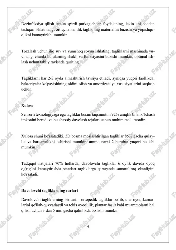lar oyoqlarning sezgirligini oshirishi va yaralar paydo bo'lishining oldini olishga yordam beradi. davolovchi tagliklarning afzalliklari davolovchi tagliklar oyoqdagi yuklamani 25-30% ga kamaytirish orqali tizza va umurtqa pog'onasidagi og'riqlarni bartaraf etishga yordam beradi, bu esa harakatchanlikni oshiradi. yassi oyoqlilikning 1-2 darajalarida davolovchi tagliklar yordamida oyoqning fiziologik holatini 15-20% ga yaxshilash mumkin, bu esa keyingi deformatsiyalarning oldini oladi. maxsus materiallar va dizayn tufayli davolovchi tagliklar oyoq terisining namligini 35-40% ga kamaytiradi, bu esa qo'ziqorin kasalliklari rivojlanish xavfini kamaytiradi. qulay tagliklar qulay tagliklar odatda 6 oydan 12 oygacha xizmat qiladi. sportchilar va ko'p yuradiganlar uchun, ularni tez-tez almashtirish tavsiya etiladi. qulay tagliklar, odatda, 3 dan 10 millimetrgacha qalinlikda boʻlib, yostiqsimon materialdan tayyorlanadi va oyoq osti qismini qulaylashtiradi, bosimni kamaytiradi. ushbu tagliklar turli shakllarda, masalan, to'liq uzunlik, 3/4 uzunlik yoki faqat tovon uchun bo'lishi mumkin, ularning har biri muayyan ehtiyojlarga moslashtirilgan. materiallar ko'pikli poliuretan 20-30 kg/m³ zichlikda tayyorlanadi va xotira effekti bilan ajralib turadi, …