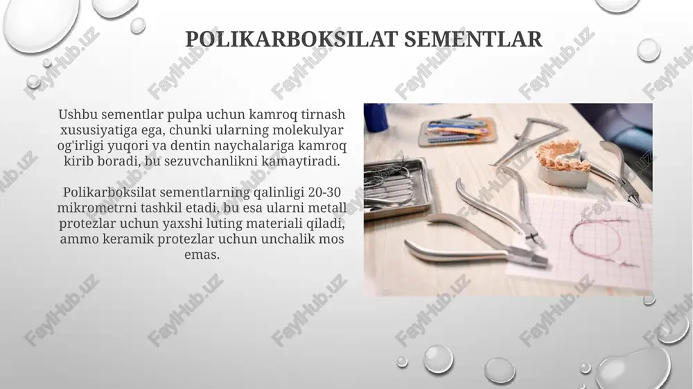b kelishi mumkin. sink oksid-eugenol (zoe) materiallari yaxshi tıkanlığa ega, lekin ularning mustahkamligi past bo'lganligi sababli, ular odatda 6 oydan kam bo'lgan vaqtinchalik plombalash uchun ishlatiladi. sink fosfat sementi sink fosfat sementi tarkibida 90% sink oksidi va 10% magniy oksidi mavjud boʻlib, fosfor kislotasi bilan aralashtirilganda kimyoviy reaksiyaga kirishib, qattiq massani hosil qiladi, bu esa vaqtinchalik plomba vazifasini bajaradi. sink fosfat sementi uzoq muddatli plomba materiallari uchun asos boʻlib xizmat qiladi, chunki uning qattiqligi va tish tuzilishi bilan yaxshi bogʻlanish xususiyatlari plombalash jarayonida optimal mustahkamlikni ta’minlaydi. rezin sementlar rezin sementlar, odatda polikarboksilat sementlari kabi turlarga bo'linadi, ular tish tuzilmalariga kimyoviy bog'lanish orqali yuqori ushlab turish xususiyatini ta'minlaydi. rezin sementlar past qalinlikka ega, bu esa protezlarni to'liq o'rnatishga yordam beradi va ortiqcha sementni olib tashlashni osonlashtiradi, shu bilan birga 0.02 mmdan kam qalinlik talab etiladi. e'tiboringiz uchun rahmat @taqdimot_robot image2.png image5.jpg image6.jpg image7.jpg image8.jpg image9.jpg image10.jpg image11.jpg image12.jpg image13.jpg image14.jpg image15.jpg …