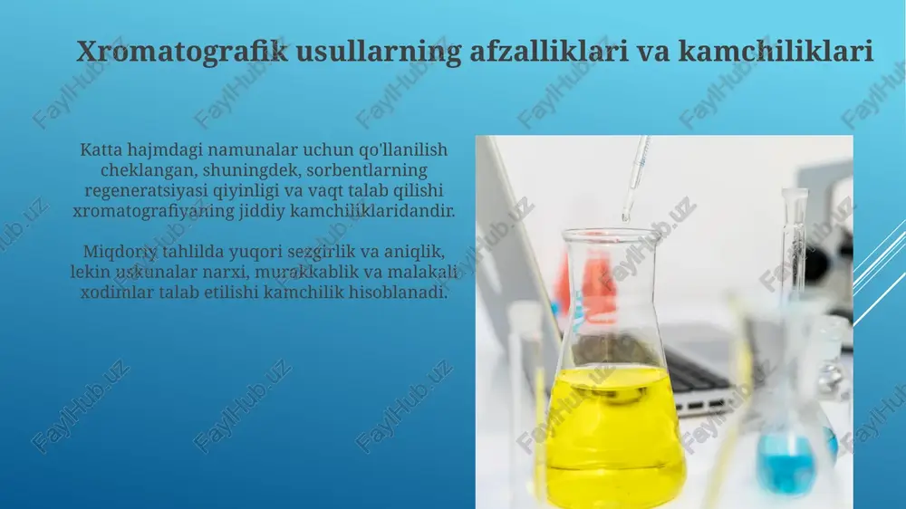 n. xromatografik ajratishga ta'sir etuvchi omillar haroratning oshishi komponentlarning harakatchanligini oshiradi, lekin selektivlikni kamaytirishi mumkin; optimal harorat 30-60°c fraksiyalarning ajralish samaradorligini oshiradi. sorbsentning donadorligi (masalan, 60-80 mesh) fraksiyalarning o'tish tezligiga ta'sir etadi; kichikroq zarrachalar yuqori rezolyutsiyani ta'minlaydi, lekin bosimni oshiradi. detektorlar turlari yorug'lik sochuvchi detektorlar (elsd) mobil fazani bug'lantiradi va erigan moddalardan yorug'likning tarqalishini o'lchaydi; ayniqsa, uchuvchi bo'lmagan birikmalar uchun foydali, detektor chegarasi 1-10 ng. mass-spektrometrik (ms) detektorlar molekulyar vazn asosida ionlashgan birikmalarni aniqlaydi, yuqori sezuvchanlik (pg darajasida) va aniqlik bilan ta'minlaydi va murakkab namunalar uchun tarkibiy ma'lumotlarni beradi. xromatografik tozalashning sanoatda qo'llanilishi sanoatda xromatografik tozalash neftni qayta ishlashda aromatik birikmalarni ajratish uchun ishlatiladi, masalan, benzol, toluol va ksilen, yoriq mahsulotlarini yaxshilash uchun. sanoat miqyosida ishlatiladigan yirik kolonnalar soatiga bir necha tonna neft fraksiyalarini qayta ishlashi mumkin, bu esa 99,9% gacha bo'lgan yuqori tozalikka erishish imkonini beradi. e'tiboringiz uchun rahmat @taqdimot_robot image2.jpg image3.jpg image4.jpg image5.jpg image6.jpg image7.jpg image8.jpg image9.jpg image10.jpg …