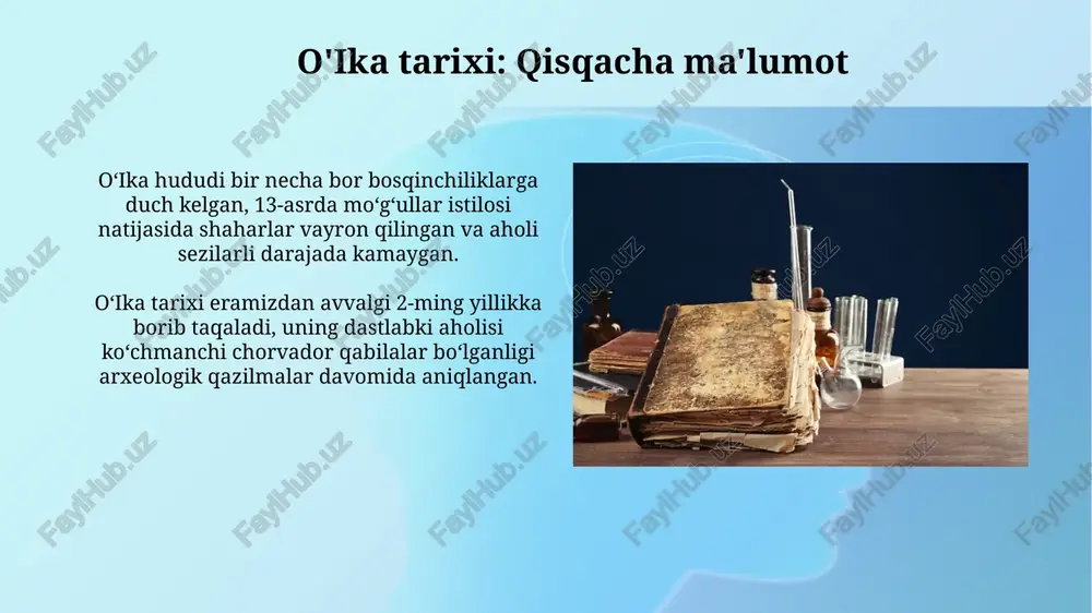 tadqiqot metodologiyasi tarixiy-qiyosiy tahlil, manbashunoslik va kartografik usullardan foydalanadi, bu o'ika tarixining rekonstruksiyasini ta'minlaydi. arxeologik qazishmalar va topilmalar 1980-yillarda olib borilgan qazishmalarda 5 ta qadimiy irrigatsiya tizimi topilgan. ularning uzunligi 10 km dan oshadi, bu esa o'ika aholisining dehqonchilik madaniyatini aks ettiradi. topilmalar orasida eramizdan avvalgi ii ming yillikga oid 300 dan ortiq sopol buyumlar, tosh qurollar va misdan yasalgan bezaklar mavjud bo'lib, ular mahalliy hunarmandchilikning rivojlanganligini ko'rsatadi. e'tiboringiz uchun rahmat @taqdimot_robot image3.jpg image4.jpg image5.jpg image6.jpg image7.jpg image8.jpg image9.jpg image10.jpg image11.jpg image12.jpg image13.jpg image14.jpg image15.jpg image16.jpg image17.jpg image18.jpg image19.jpg image1.png