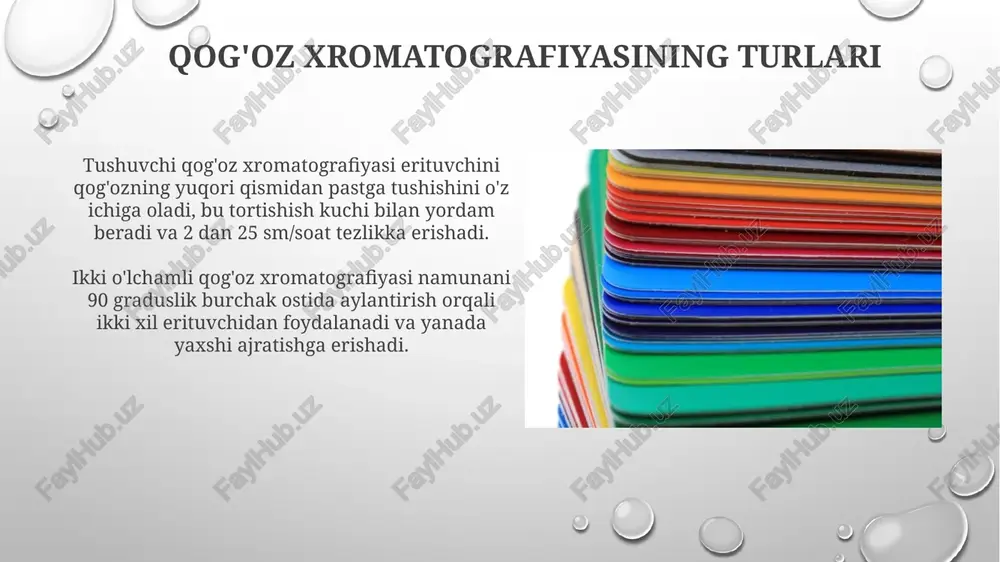 omatografiyasi bilan birgalikda qo'llanilganda, ko'plab birikmalar aralashmasini ajratish uchun foydalidir va aniqlikni oshirish uchun 10 dan ortiq erituvchi tizimlar qo'llanilishi mumkin. xulosa xulosa, komponentlarning migratsiya masofalari va ularning tarkibi haqida ma'lumot beradi hamda, usulning kelgusi tadqiqotlar uchun 2-3 ta yo'nalishni taklif etadi. xulosa, tajribaning asosiy topilmalarini jamlaydi, masalan, rf qiymatlari va komponentlarning identifikatsiyasi, ularning ajratish samaradorligiga ta'sirini muhokama qiladi. kapillyar harakat kapillyar harakat - bu suyuqlikning tor naycha ichida tortishish kuchiga qarshi harakatlanishi, bunda suyuqlik molekulalarining naycha devoriga yopishishi (adeziya) va bir-biriga (koheziya) ta'siri muhim rol o'ynaydi. qog'oz xromatografiyasida kapillyar harakat erituvchining qog'oz bo'ylab harakatlanishini ta'minlaydi, bu esa aralashmadagi turli komponentlarning turli tezliklarda ajralishiga olib keladi va ajratish samaradorligini belgilaydi. e'tiboringiz uchun rahmat @taqdimot_robot image2.png image5.jpg image6.jpg image7.jpg image8.jpg image9.jpg image10.jpg image11.jpg image12.jpg image13.jpg image14.jpg image15.jpg image16.jpg image17.jpg image18.jpg image19.jpg image20.jpg image21.jpg image3.png