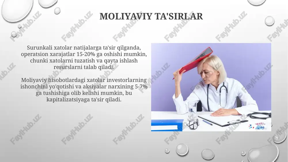 oimiy xatolar, ayniqsa statistik xatoliklar, qaror qabul qilishda aniqlikni kamaytiradi va noto'g'ri xulosalarga olib kelishi mumkin. bu esa, resurslarning noto'g'ri taqsimlanishiga sabab bo'ladi. xatolarning doimiy ravishda takrorlanishi natijasida, optimallashtirish imkoniyatlari boy beriladi. masalan, 10% xatolikda ishlab chiqarish, samaradorlikni sezilarli darajada pasaytiradi. holat tadqiqotlari holat tadqiqotlari, 1950-yillardan beri rivojlanib, murakkab hodisalarni chuqur o'rganish uchun ishlatiladi, masalan, kompaniyaning 20% ​​bozor ulushining yo'qolishi. holat tadqiqotlari biznesda xatarlarni baholash uchun qo'llaniladi, bu esa 7 qadamli jarayon orqali kompaniyalarga potensial kamchiliklarni aniqlashga va strategiyalarni yaxshilashga yordam beradi. e'tiboringiz uchun rahmat @taqdimot_robot image2.png image5.jpg image6.jpg image7.jpg image8.jpg image9.jpg image10.jpg image11.jpg image12.jpg image13.jpg image14.jpg image15.jpg image16.jpg image17.jpg image18.jpg image19.jpg image20.jpg image21.jpg image3.png