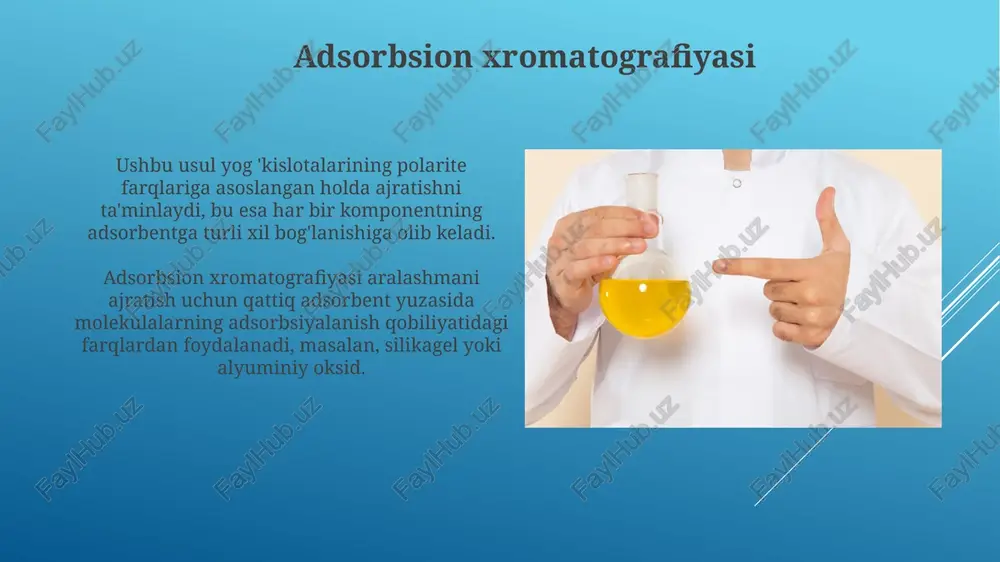 nsesterifikatsiyada muhim ahamiyatga ega va metil esterlarini hosil qiladi. kristallanish orqali ajratish kristallanish fraksiyalash uchun ishlatiladi, bunda yog 'kislotalari eruvchanligidagi farqlarga asoslanib, har xil haroratlarda kristallanadi va ajratiladi. sovutish jarayonlari nazorat qilinadi, shunda yuqori erish nuqtasiga ega yog 'kislotalari birinchi bo'lib kristallanadi, keyin esa filtrlash yoki santrifüj qilish orqali olib tashlanadi. fermentativ gidroliz fermentativ gidroliz odatda sovun ishlab chiqarish va biodizel sintezi kabi sanoat jarayonlarida qo'llaniladi, bunda erkin yog 'kislotalari 85-95% gacha bo'lgan hosil bilan ajratiladi. fermentativ gidroliz - bu yog' kislotalarini ajratish uchun ishlatiladigan biologik jarayon bo'lib, u yog'larni suv bilan reaksiyaga kirishishini tezlashtiradigan lipaz kabi fermentlardan foydalanadi. yog 'kislotalari hosilalari yog 'kislotalari hosilalari, masalan, metil efirlari (fame), gaz xromatografiyasi-massa spektrometriyasi (gc-ms) kabi tahliliy usullarda muhim ahamiyatga ega, chunki ular uchuvchanlikni oshiradi. sovunlash, yog 'kislotalarini ajratish uchun ishlatiladigan gidrolitik reaksiya bo'lib, bunda triglitseridlar ishqoriy eritma bilan qayta ishlanib, yog 'kislotalari tuzlari (sovunlar) va glitserin hosil bo'ladi. e'tiboringiz uchun rahmat …