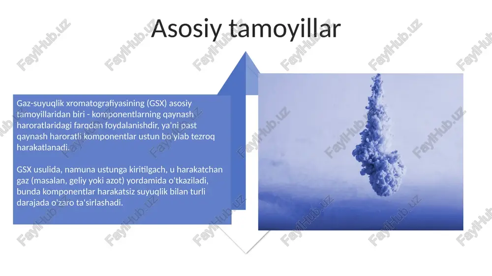 adi. gaz tashuvchi: odatda inert gazlar, masalan, geliy (he) yoki azot (n2) ishlatiladi, chunki ular namuna tarkibiy qismlari bilan reaksiyaga kirishmaydi va 100 ml/min tezlikda o'tadi. xulosa gaz-suyuqlik xromatografiyasi xromatogramma ma'lumotlarini tahlil qilishni o'z ichiga oladi, u moddalarning miqdori va turini aniqlash uchun ishlatiladigan tutash vaqtlar va cho'qqi maydonlarini ko'rsatadi. ushbu texnika farmatsevtika, atrof-muhitni monitoring qilish va oziq-ovqat sanoati kabi sohalarda keng qo'llaniladi, bunda 99.9% gacha bo'lgan yuqori aniqlikdagi ajratish talab etiladi. texnik xizmat ko'rsatish va nosozliklarni bartaraf etish injektor porti haroratini to'g'ri sozlash gsxda ajratish sifatini yaxshilaydi; namuna tarkibiga qarab, odatda 150-300 °c gacha sozlash kerak, aks holda piklarning kengayishi kuzatilishi mumkin. detektorning tozaligi gsxda muhim ahamiyatga ega, ayniqsa fid detektorida, chunki uglerod cho'kmalari sezuvchanlikni pasaytirishi mumkin. uni har 50-100 soat ishlagandan so'ng tozalash tavsiya etiladi. e'tiboringiz uchun rahmat @taqdimot_robot image5.jpg image6.jpg image7.jpg image8.jpg image9.jpg image10.jpg image11.jpg image12.jpg image13.jpg image14.jpg image15.jpg image16.jpg image17.jpg image18.jpg image4.png image19.jpg image20.jpg image21.jpg image1.jpeg …