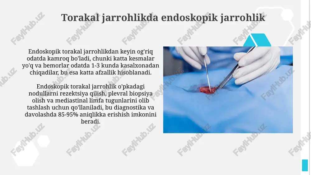 h uchun qoʻllaniladi, unda taxminan 85% hollarda stentlash muvaffaqiyatli amalga oshiriladi. endoskopik jarrohlik: kirish ushbu usulda yuqori aniqlikdagi kamera va yorug'lik manbai bilan jihozlangan endoskop, ichki organlarni vizualizatsiya qilish va jarrohlik manipulyatsiyalarni amalga oshirish uchun ishlatiladi. endoskopik jarrohlik, minimal invaziv usul bo'lib, kichik kesmalar orqali maxsus asboblar (endoskop) yordamida operatsiyalarni bajarish imkonini beradi, an'anaviy usullardan kamroq jarohat bilan. ortopediyada endoskopik jarrohlik ortopediyada endoskopik jarrohlik, masalan, tizza artroskopiyasi, meniscus yirtig'ini tiklashda 90% dan ortiq muvaffaqiyat darajasiga erishadi va minimal invaziv yondashuvni ta'minlaydi. elka endoskopiyasi rotator manjetini tiklash kabi muolajalarni amalga oshirishga imkon beradi, bu esa 85% bemorlarda og'riqni kamaytiradi va operatsiyadan keyingi tiklanishni tezlashtiradi. e'tiboringiz uchun rahmat @taqdimot_robot image2.jpg image3.jpg image4.jpg image5.jpg image6.jpg image7.jpg image8.jpg image9.jpg image10.jpg image11.jpg image12.jpg image13.jpg image14.jpg image15.jpg image16.jpg image17.jpg