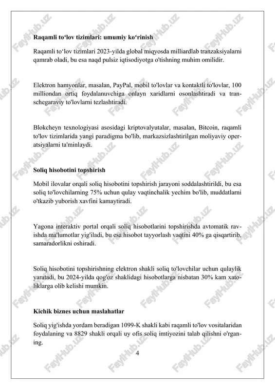 a soliqqa tortishda shaffoflikning yetishmasligi soliqdan bo'yin tovlashga olib kelishi mumkin, bu esa davlat byudjetiga salbiy ta'sir ko'rsatadi. raqamli iqtisodiyotning o'sishi bilan soliq bazasini aniqlash qiyinlashmoqda, xususan, transchegaraviy xizmatlar va virtual aktivlardan olinadigan daromadlarni deklaratsiya qilishda muammolar mavjud. chet el tranzaksiyalari bilan bogʻliq soliqlar elektron tijorat platformalari 15% qqs to'lashga majbur bo'lishi mumkin, bu esa har bir tranzaksiya qiymatiga qo'shiladi va xaridor tomonidan to'lanadi, soliq hisobotlari majburiy. elektron toʻlov tizimlari orqali amalga oshirilgan daromadlar 12% soliq stavkasi boʻyicha jismoniy shaxslardan olinadigan daromad soligʻiga tortilishi mumkin, agar ular doimiy daromad manbai boʻlsa. agar pul o'tkazmalari 10 million so'mdan oshsa, banklar 0.2% miqdorida soliq agenti sifatida harakat qilib, soliq organlariga ma'lumot berishlari shart. kirish soliqni boshqarishga kirishishda tranzaksiya izi, elektron hamyonlar, kriptovalyutalar va transchegaraviy to'lovlar kabi asosiy raqamli to'lov vositalari muhokama qilinadi. kirishda soliq to'lashdan bo'yin tovlash, soliq bazasining eroziyasi va ma'lumotlar xavfsizligi kabi raqamli to'lovlar bilan bog'liq soliq muammolari keltiriladi. kirish …