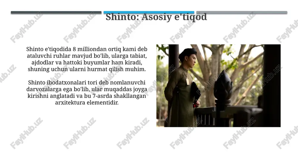 atxonalari: joylar va arxitektura shinto ibodatxonalarining arxitekturasi ko'pincha tabiat bilan uyg'unlashadi, tosh yo'llar (sando) va darvozalar (torii) muqaddas joyga olib boradi. ibodatxonalarning asosiy xususiyati 'honden' bo'lib, u yerda kami (xudolar) ramzi saqlanadi va uning arxitekturasi sodda, lekin chuqur ma'noga ega. e'tiboringiz uchun rahmat @taqdimot_robot image2.jpg image3.jpg image4.jpg image5.jpg image6.jpg image7.jpg image8.jpg image9.jpg image10.jpg image11.jpg image12.jpg image13.jpg image14.jpg image15.jpg image16.jpg image17.jpg image18.jpg