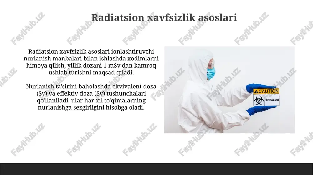rni oladi. axborot va xavfni kommunikatsiya qilishda, radiatsiya dozasining 20 millisievert (msv) dan oshishi mumkin bo'lgan vaziyatda, xavfsizlik choralarini ko'rish uchun aholini xabardor qilish va evakuatsiya yo'nalishlarini berish kerak. xalqaro hamkorlik radiatsiya bilan bog'liq yirik avariyalarda, xalqaro yordam ko'pincha 1986-yilgi chernobil fojiasi misolida ko'rsatilganidek, mutaxassislar va asbob-uskunalarni jalb qilishni o'z ichiga oladi. xalqaro hamkorlik radiatsiya xavfsizligi sohasida, masalan, iaea bilan 170 dan ortiq davlat o'rtasida texnik tajriba almashish va standartlarni muvofiqlashtirishni o'z ichiga oladi. radiatsion zonalar tavsifi radioaktiv ifloslanish zonalarining tavsifi, odatda, nurlanish darajasi bo'yicha belgilanadi; masalan, 'xavfli zona' soatiga 5 msv dan yuqori dozani ko'rsatishi mumkin. radiatsion zonalar qanday materiallar tarqalganiga qarab farqlanadi; alfa zarralari faqat yaqin masofada xavfli bo'lsa, gamma nurlari esa qalin to'siqlardan o'tishi mumkin. radiatsion monitoring usullari radiatsion monitoring usullari sirt ifloslanishini aniqlash uchun smearing (surish) usulini o'z ichiga oladi; bunda maxsus materiallar bilan sirt artiladi va so'ngra laboratoriyada o'lchanadi (bq/sm²). doza tezligini o'lchash uchun ionlashtiruvchi …