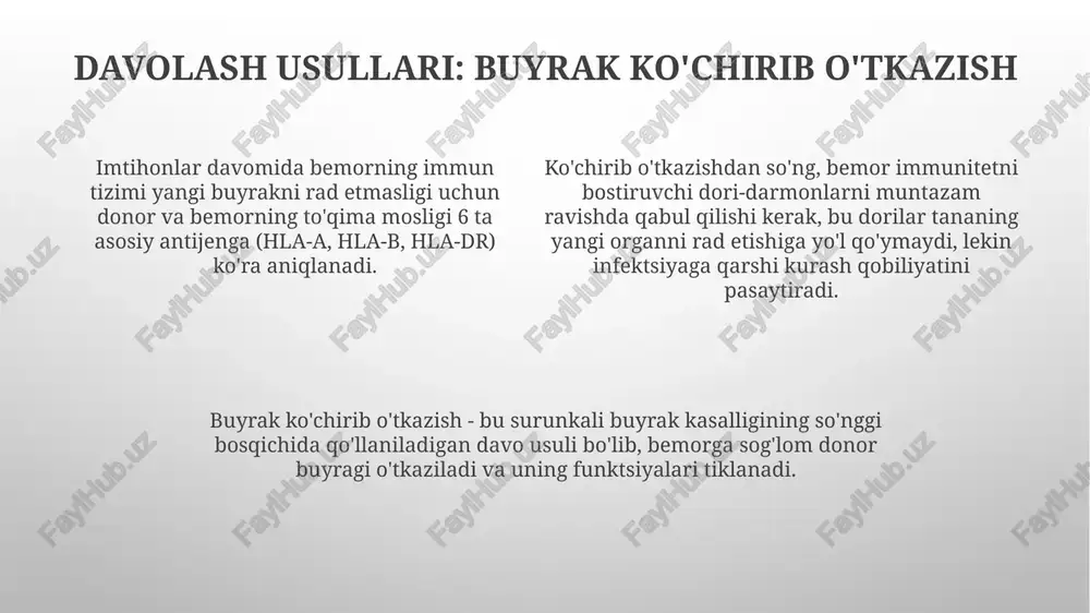 simi (gipertenziya) buyrak tomirlariga zarar yetkazadi, bu esa 25-30% hollarda surunkali buyrak kasalligiga olib keladi, ayniqsa sistolik bosim 140 mmhg dan yuqori bo'lsa. qandli diabetning 1 va 2-turlari buyrak yetishmovchiligi xavfini oshiradi, chunki yuqori qon glyukozasi buyrakdagi mayda qon tomirlarini shikastlaydi, bu esa 30-50% hollarda kuzatiladi. asoratlar suyak kasalliklari, xususan, buyrak osteodistrofiyasi rivojlanadi, chunki buyrak d vitaminini faol shaklga aylantirishda va fosfor darajasini tartibga solishda muhim rol o'ynaydi, bu esa suyak tuzilishiga ta'sir qiladi. anemiya, ya'ni qon tarkibidagi gemoglobin miqdorining pastligi, ckdning keng tarqalgan asoratidir, chunki buyraklar eritropoetin gormonini ishlab chiqaradi, u suyak ko'migida qon hujayralari hosil bo'lishini rag'batlantiradi. asoratlar o'z ichiga yurak-qon tomir kasalliklarini oladi, chunki ckd (surunkali buyrak kasalligi) bo'lgan bemorlarda arterial gipertenziya va yurak yetishmovchiligi xavfi 2-4 barobar yuqori bo'ladi. e'tiboringiz uchun rahmat @taqdimot_robot image1.png image2.png