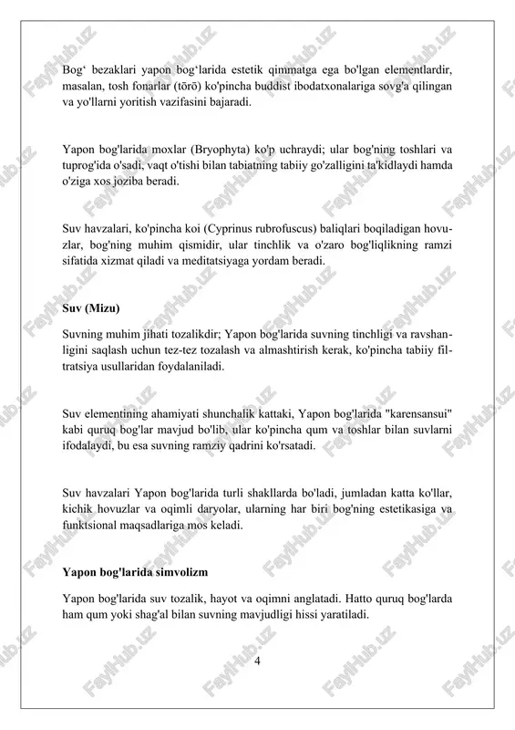 san'ati 5, 7 va 3 guruhlarida tartibga solinadi. xulosa yapon bog'larining xulosasi, asosan, tabiatni miniatyurada ifodalashga, muvozanat va uyg'unlikka erishishga qaratilgan. bu 753 yildagi buddizm ta'siri natijasidir. xulosa shuki, yapon bog'lari zen falsafasini, xususan, 'kanso' soddalik va 'shizen' tabiiylikni o'zida mujassam etadi, minimalizm estetikasi 1488 yildan rivojlangan. yapon bog'larining asosiy xulosasi shundaki, har bir element, masalan, toshlar (ishi), suv (mizu), o'simliklar (shokubutsu) diqqat bilan tanlanadi va joylashtiriladi, bu 1200 yillik san'atdir. o'simliklar bambuk (bambusa multipleks) tez o'suvchi, doim yashil bo'lib, yaponiya bog'larida o'zining minimal parvarishi va 10 metrgacha bo'yi tufayli tinchlik va osoyishtalikni ifodalaydi. ko'pgina yapon bog'larida kamida 5 xil turdagi mox (masalan, leucobryum albidum) mavjud bo'lib, ular bog'ning toshlar va tuproqlariga yumshoq tekstura va 1 sm dan 10 sm gacha bo'lgan chuqur yashil rang beradi. yaponiya bog'larida xar doim qora qarag'aylar (pinus thunbergii) kabi o'simliklar joylashtiriladi, chunki ular 2 dan 3 gacha kurtaklar bilan, nihoyatda chidamli va estetik tuzilishga …