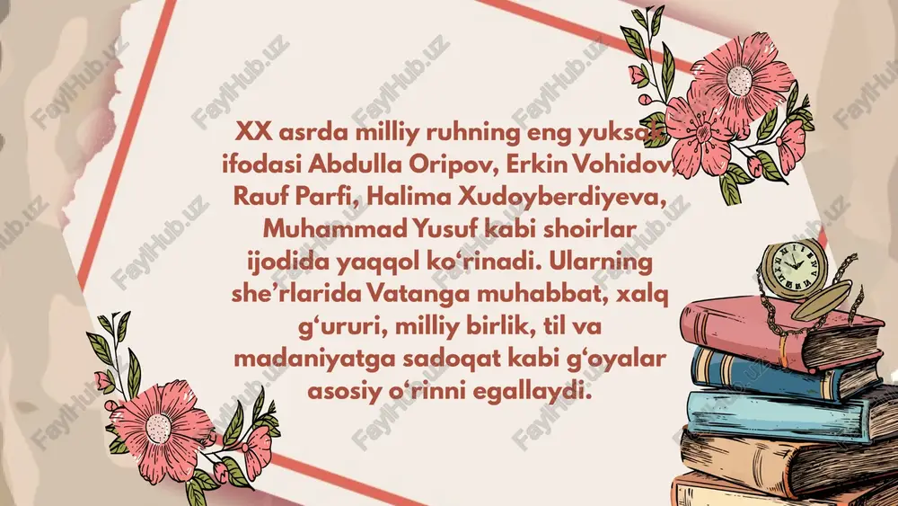 xalqning o‘zligini yo‘qotmaslik, tarixiy ildizlardan kuch olish va zamonaviylik bilan uyg‘un yashashning ifodasidir. o‘zbek adabiyoti bu borada boy an’analarga ega va har bir shoir milliy ruhni o‘z ijodining yuragiga joylashtirgan. eʼtiborizgiz uchun raxmat image13.png image14.svg image5.png image6.svg image7.png image8.png image9.png image10.svg image11.png image12.svg image3.png /docprops/thumbnail.jpeg