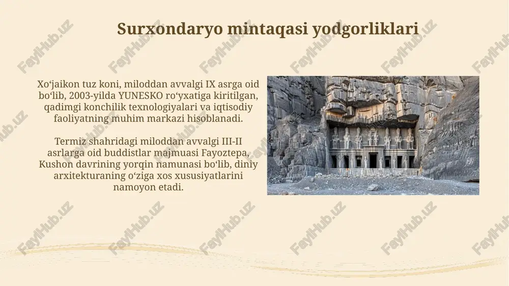 tomonidan ov qilish va terini tozalash uchun qo'pol cho'qmor toshlardan foydalanilgan. ushbu texnologiya 2.6 million yil avval paydo bo'lgan. mezolit davrida tosh qurollar texnologiyasi takomillashdi; mikrolitlar paydo bo'ldi. o'lchamlari 1-5 sm bo'lgan kichik tosh qurollardan kamon o'qlari va xanjarlar yasashda foydalanish keng tarqaldi. qizilqum cho'li yodgorliklari qizilqum hududida joylashgan ko'plab qadimiy karvonsaroylar ipak yo'lining muhim tarmog'i bo'lganligi sababli, 13-14-asrlarda ham faoliyat ko'rsatganligini isbotlaydi. qizilqum cho'li yodgorliklarida erta o'rta asrlarga oid qal'alar topilgan bo'lib, ular 6-8-asrlarda sirdaryo vohasi bilan aloqalarni nazorat qilgan. mustye davri: umumiy tavsif ushbu davrda levallua texnikasi keng qo'llanilgan. bu, aniq shakldagi tosh qurollarni yasash uchun oldindan tayyorlangan yadro usulidir. mustye davri odamlari ovchilik va terimchilik bilan shug'ullangan, ular yirik hayvonlarni, masalan, mamontlar va g'or ayiqlarini ovlashgan. e'tiboringiz uchun rahmat @taqdimot_robot image3.jpg image4.jpg image5.jpg image6.jpg image7.jpg image8.jpg image9.jpg image10.jpg image11.jpg image12.jpg image13.jpg image14.jpg image15.jpg image16.jpg image17.jpg image18.jpg image19.jpg