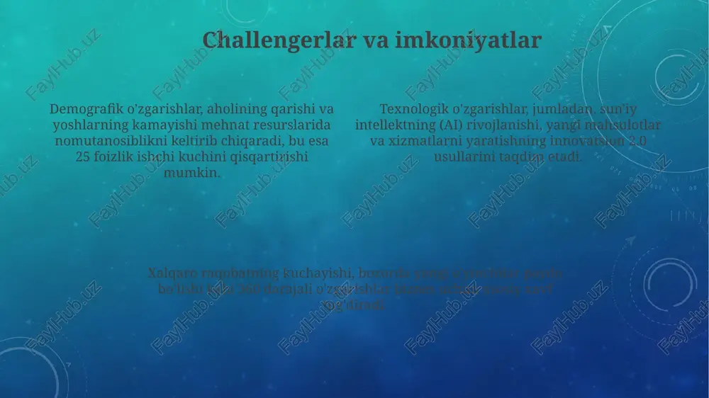 ga ta'sir o'tkazadi, ularning axloqiy dilemmalari orqali harbiy tizimdagi murakkabliklar yoritiladi. demografik tendentsiyalar qishloq joylaridan shaharlarga migratsiya davom etmoqda; 2010-yildan 2023-yilga qadar shahar aholisi 36% dan 51% gacha oʻsdi, bu infratuzilmaga bosimni oshiradi. oʻzbekistonda tugʻilish koeffitsientining pasayishi kuzatilmoqda, 2000-yildagi 35 promilledan 2023-yilda 25 promillega tushdi, bu esa demografik yukning oʻzgarishiga olib keladi. aholining oʻrtacha umr koʻrish davomiyligi ortib bormoqda, erkaklar uchun 69 yoshdan 73 yoshga va ayollar uchun 74 yoshdan 78 yoshga koʻtarildi, pensiya tizimiga taʼsir koʻrsatadi. e'tiboringiz uchun rahmat @taqdimot_robot image2.png
