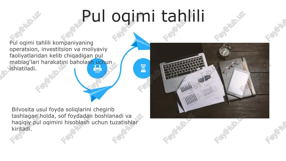 satadi; me'yoriy qiymat 0.5 dan yuqori bo'lishi kerak. foizlarni qoplash koeffitsienti (foyda va foiz xarajatlari nisbati) foydaning foiz xarajatlarini qoplash qobiliyatini aks ettiradi; yuqori qiymat kredit riskining pastligini ko'rsatadi, odatda 2-3 dan yuqori bo'lishi kerak. koeffitsientlar tahlili: moliyaviy barqarorlik koeffitsientlari moliyaviy tahlil usullari: gorizontal va vertikal tahlil ikkala usul ham birgalikda ishlatilganda, kompaniyaning moliyaviy holati va faoliyatining chuqur tahlilini beradi, masalan, rentabellikning 10% ga o'sishi. gorizontal tahlil davrlar bo'yicha o'zgarishlarni aniqlaydi, masalan, 2022-2023 yillarda daromadning 15% ga oshishi biznes o'sishini ko'rsatadi. gorizontal tahlil davrlar bo'yicha o'zgarishlarni aniqlaydi, masalan, 2022-2023 yillarda daromadning 15% ga oshishi biznes o'sishini ko'rsatadi. xulosa xulosa rahbarlar va investorlar uchun muhim strategik qarorlar qabul qilish, risklarni baholash va biznesni rivojlantirish rejalashtirishda asos boʻlib xizmat qiladi, masalan, 20% daromad oshirish. xulosada moliyaviy koʻrsatkichlarning oʻzgarish tendensiyalari, rentabellik darajasi, likvidlik koeffitsientlari va toʻlov qobiliyati kabi muhim omillarga alohida eʼtibor qaratiladi. kirish kirishda moliyaviy hisobotlilikning asosiy maqsadlari ko'rsatiladi, ular orasida foydalanuvchilarni …
