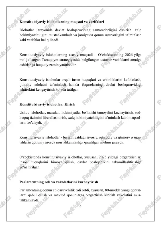 ri asosiy maqsad - inson huquqlarini himoya qilish, davlat hokimiyati organlari faoliyatini takomillashtirish, xalqaro hamjamiyatga integratsiyani jadallashtirishdir. islohotlar davlat boshqaruvini 21-asr talablariga moslashtirish, iqtisodiy o'sishni ta'minlash hamda aholi turmush darajasini oshirish uchun zarur. konstitutsiyaviy islohotlar natijasida qabul qilingan 2023-yilgi o'zgartirishlar demokratik tamoyillarni mustahkamlab, ijtimoiy adolatni ta'minlashga xizmat qiladi. inson huquqlari va erkinliklarini ta'minlashning kafolatlari o'zbekiston respublikasi konstitutsiyasining 44-moddasi har bir shaxsga o'z huquq va erkinliklarini sud orqali himoya qilish kafolatini beradi, bu muhim mexanizmdir. konstitutsiyaning 20-moddasi har bir insonning qonun oldida tengligini ta'minlab, huquqlarni kamsitishning oldini oladi va teng imkoniyatlar kafolatlaydi. jinoyat protsessual kodeksining 48-moddasiga ko'ra, advokat bilan ta'minlanish huquqi sudgacha bo'lgan bosqichda ham himoyaning muhim kafolatlaridan biridir. davlat hokimiyati tashkil etilishining takomillashtirilishi sud hokimiyatining mustaqilligini ta'minlash maqsadida, oliy sudning vakolatlari kengaytirildi, bu esa adolatli qarorlar qabul qilishga xizmat qiladi. prezident vakolatlarini qisqartirish orqali parlament rolini oshirish, 2023 yilgi o'zgarishlar bilan hokimiyatlar muvozanatini kuchaytirishga qaratilgan strategik qadam bo'ldi. konstitutsiyaga kiritilgan …