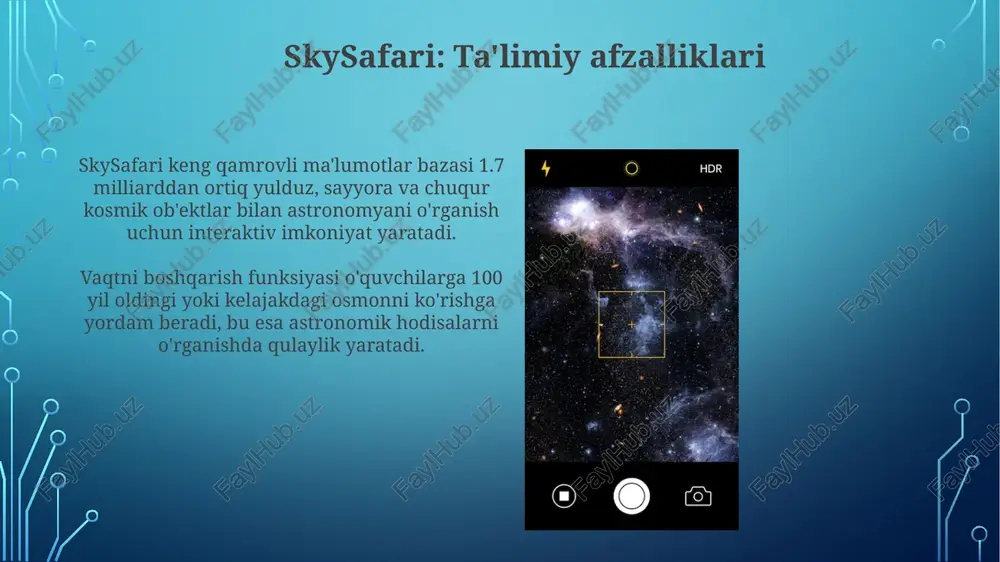 larium teleskoplar bilan integratsiyalashish xususiyatiga ega, bu esa foydalanuvchilarga dastur orqali teleskoplarni boshqarish va osmon jismlarini kuzatish imkonini beradi. ushbu dasturda turli xil madaniyatlarga oid yulduz turkumlari tasvirlari va mifologik hikoyalar mavjud bo'lib, astronomiyani o'rganishni yanada qiziqarli qiladi. skysafari: xususiyatlar va funksiyalar ushbu ilova teleskoplarni simsiz boshqarish imkonini beradi, teleskop joylashishini aniqlaydi va osmon jismlarini aniq kuzatishni ta'minlaydi. skysafari ar rejimida telefon kamerasi yordamida real vaqtda osmonni ko'rsatadi, foydalanuvchilarga yulduz turkumlarini aniqlashga yordam beradi. stellarium: ta'limiy afzalliklari dastur turli xil madaniyatlarning yulduz turkumlariga oid mifologiyasini, shu jumladan 20 xil osmon madaniyatini ko'rsatib, astronomiyani qiziqarli tarzda o'rgatadi. stellarium tungi osmonni 600 milliondan ortiq yulduz, sayyora va chuqur kosmik obyektlar bilan aniq simulyatsiya qilib, keng ko'lamli ma'lumot taqdim etadi. e'tiboringiz uchun rahmat @taqdimot_robot image4.jpg image5.jpg image6.jpg image7.jpg image8.jpg image9.jpg image10.jpg image11.jpg image12.jpg image13.jpg image14.jpg image15.jpg image16.jpg image17.jpg image18.jpg image19.jpg image20.jpg image1.png